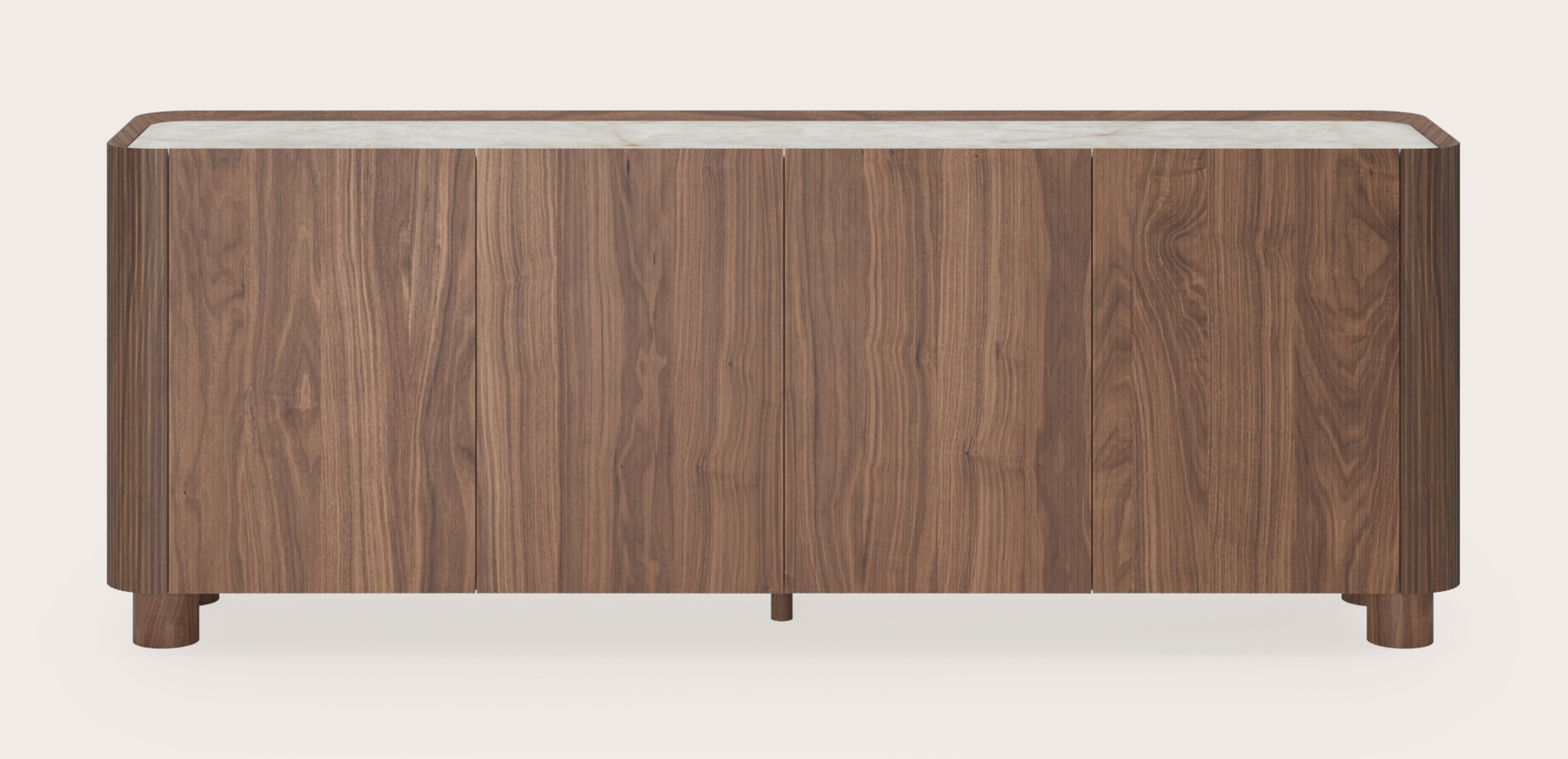 Buffet Grivato en noyer avec pieds ronds avec plateau Ceramo rond en céramique en couleur Himalaya 203 x 45 cm