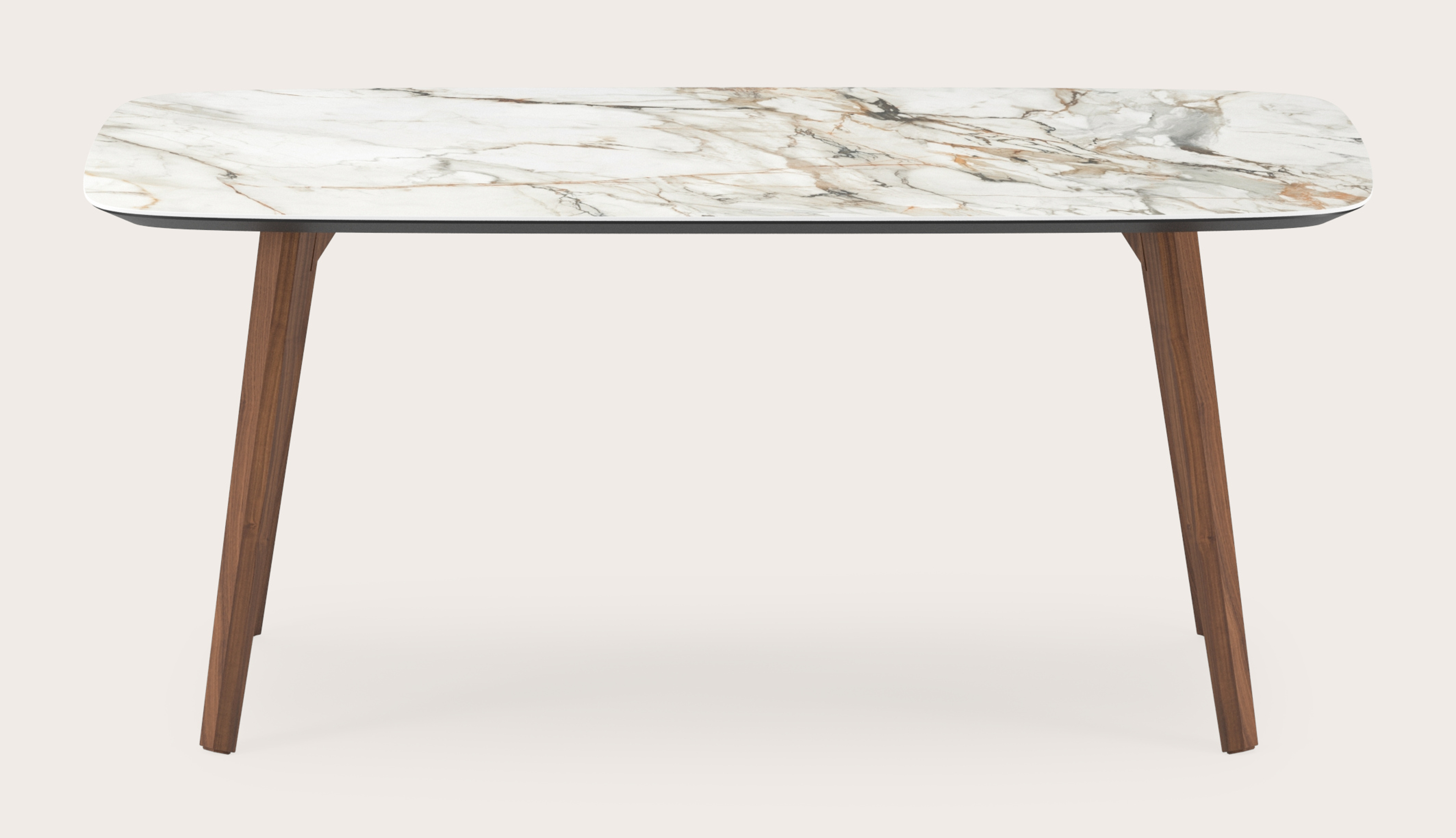 Eettafel Clino onderstel in walnoot met bootvormig volkeramisch Ceramo blad in kleur Calacatta Luxe 180 x 100 x 77 cm