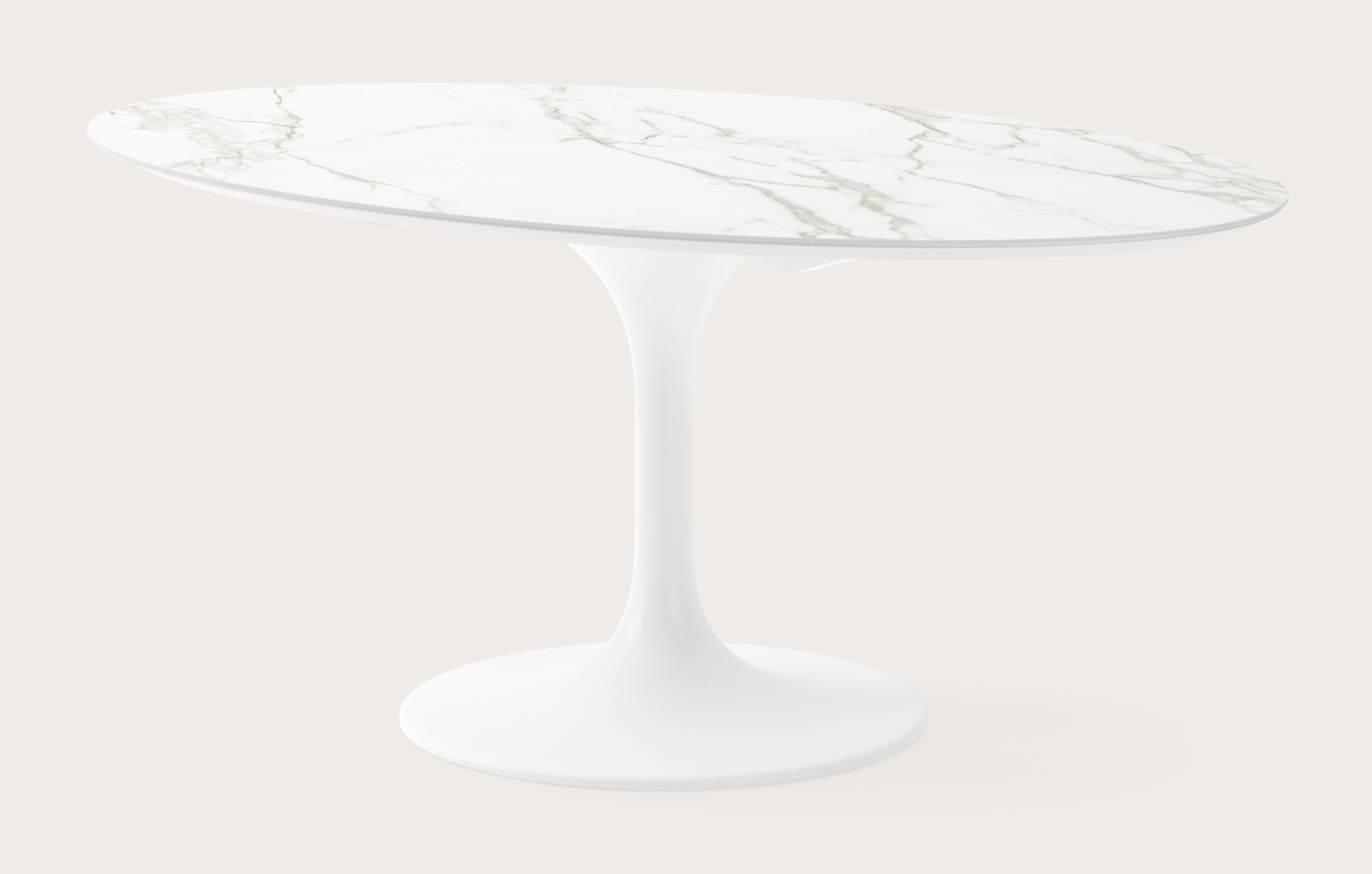 Eettafel Tulipo onderstel in wit metaal met ovaal volkeramisch Ceramo blad in kleur Calacatta 180 x 110 x 77 cm