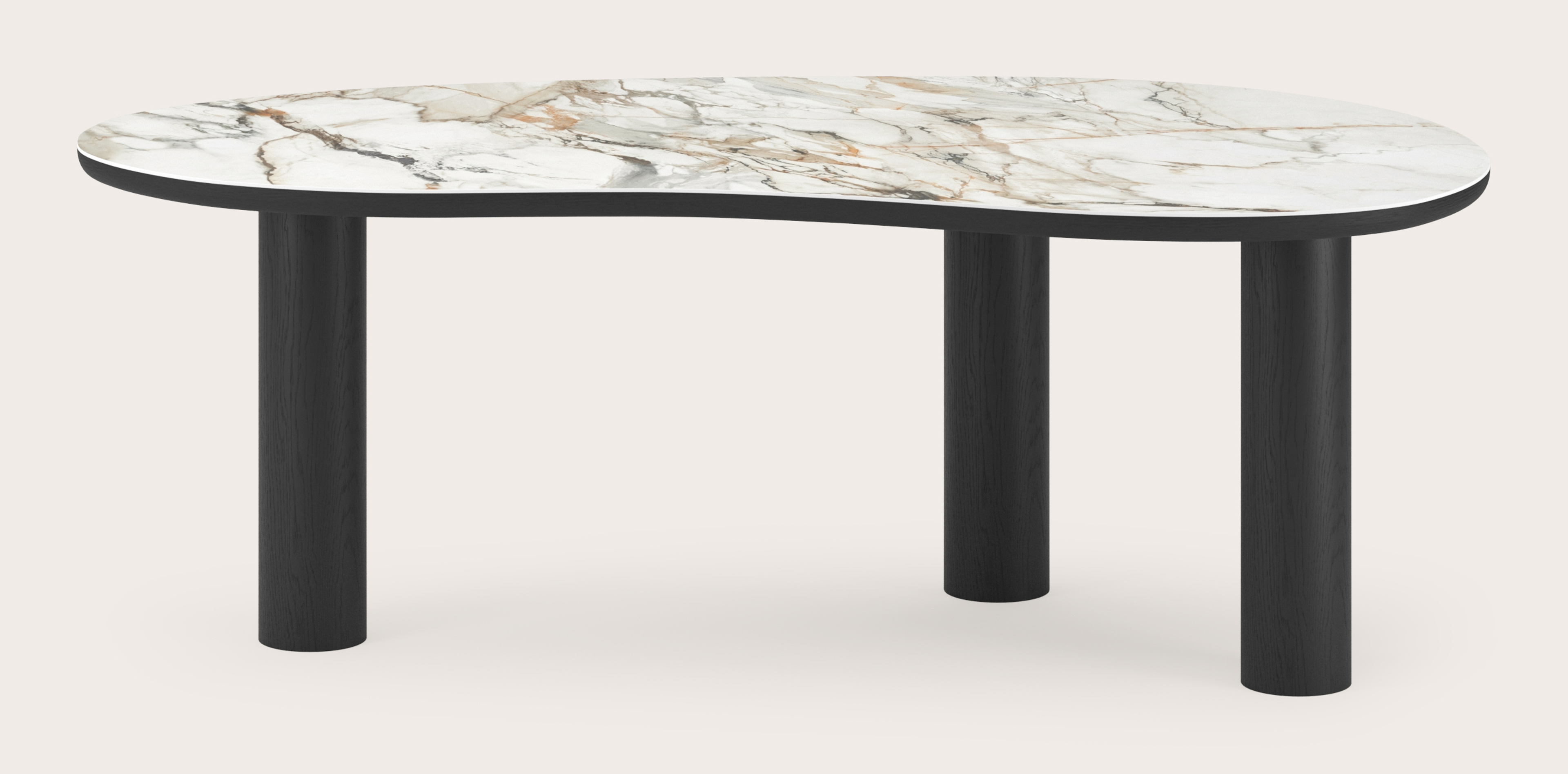 Eettafel Amato Rondo onderstel in zwarte eik met Blobvormig volkeramisch Ceramo blad in kleur Calacatta Luxe 220 x 112 x 77 cm