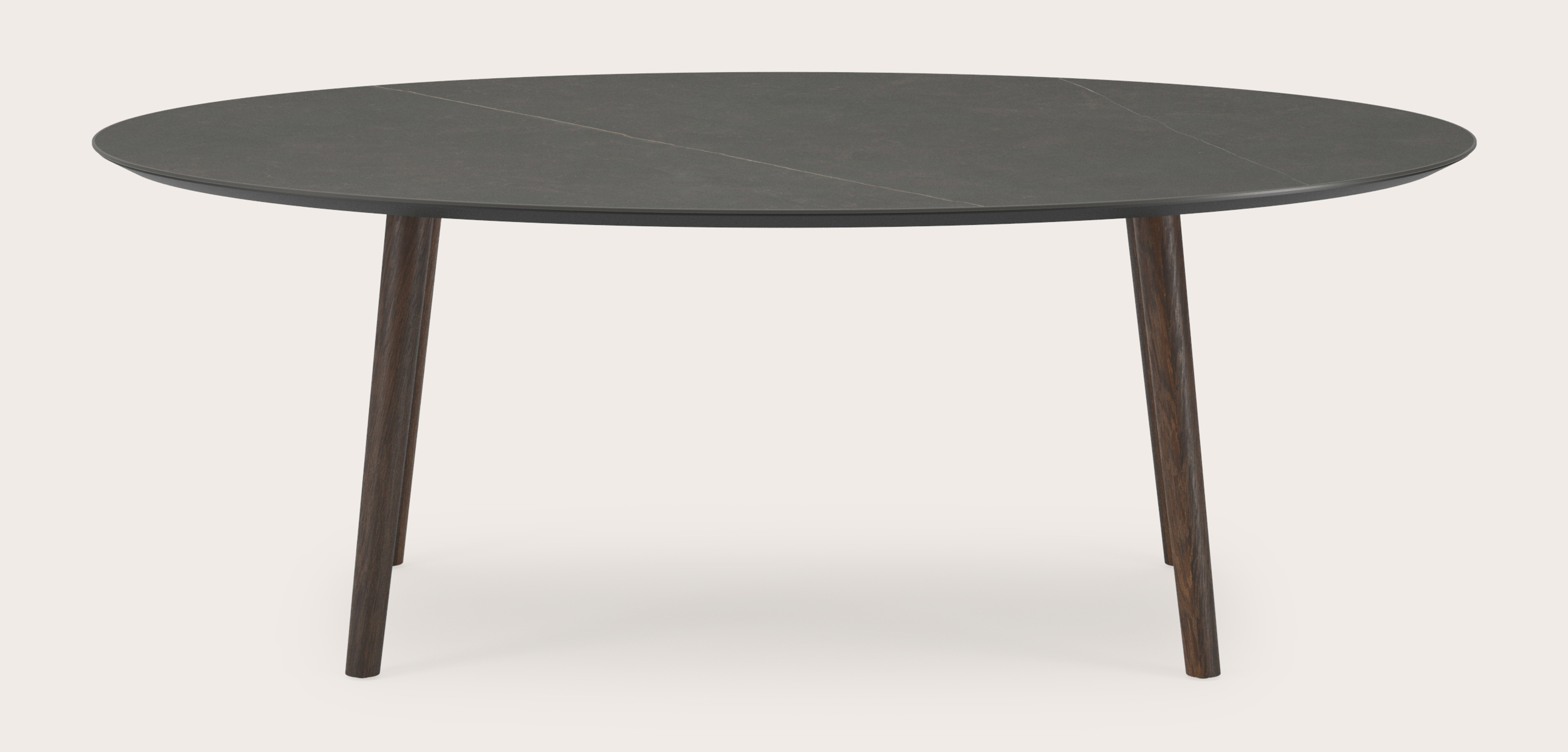 Eettafel Conico onderstel in gerookte eik met ovaal volkeramisch Ceramo blad in kleur Calatorao 220 x 120 x 77 cm