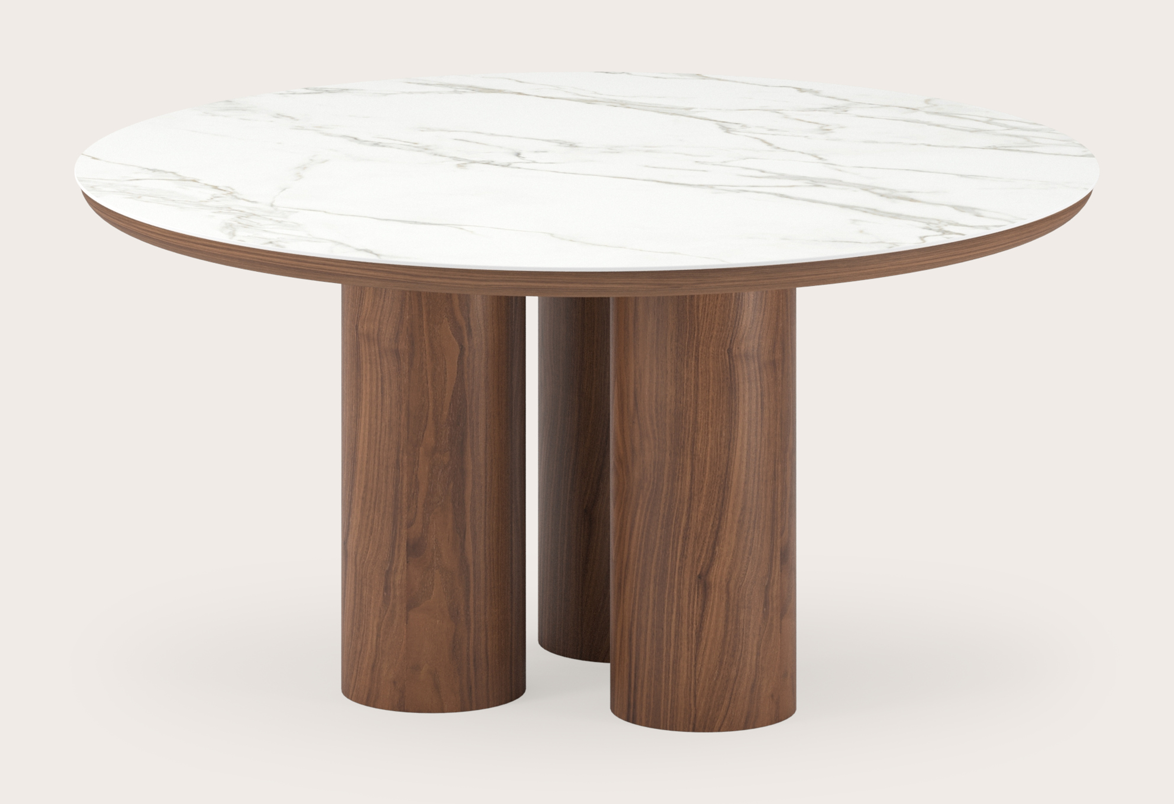 Table de salle à manger Amato Rondo armature en noyer avec plateau Ceramo rond en céramique en couleur Calacatta Ø150 x 76 cm