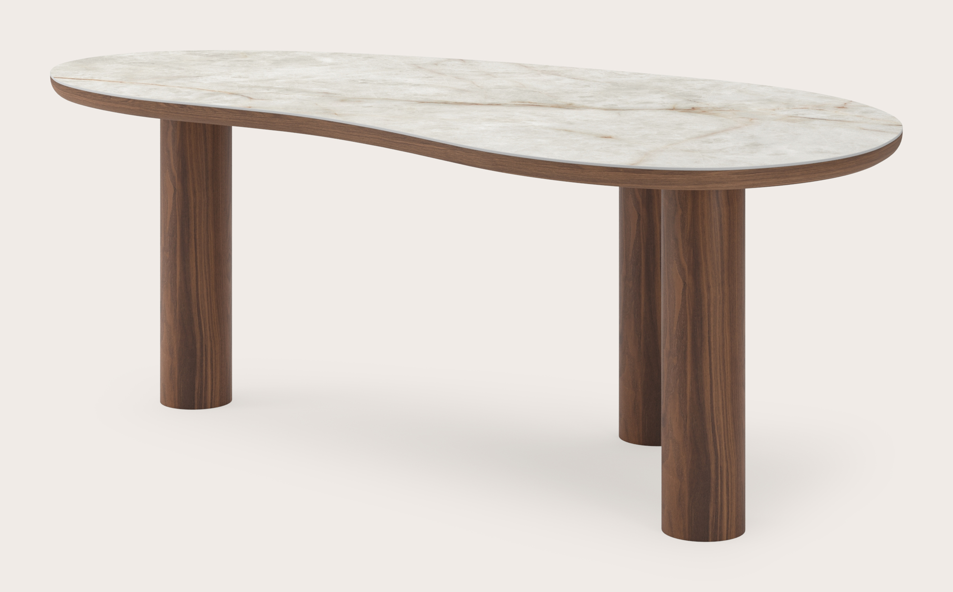 Table de salle à manger Amato Rondo armature en noyer avec plateau Ceramo forme blob en céramique en couleur Himalaya 220 x 112 x 77 cm