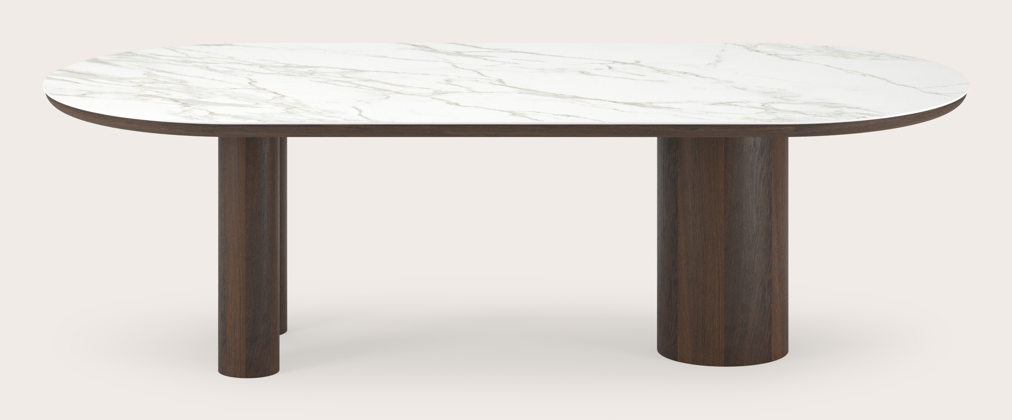 Table de salle à manger Amato Rondo armature en chêne fumé avec plateau Ceramo ovale plat en céramique en couleur Calacatta 260 x 115 x 76 cm