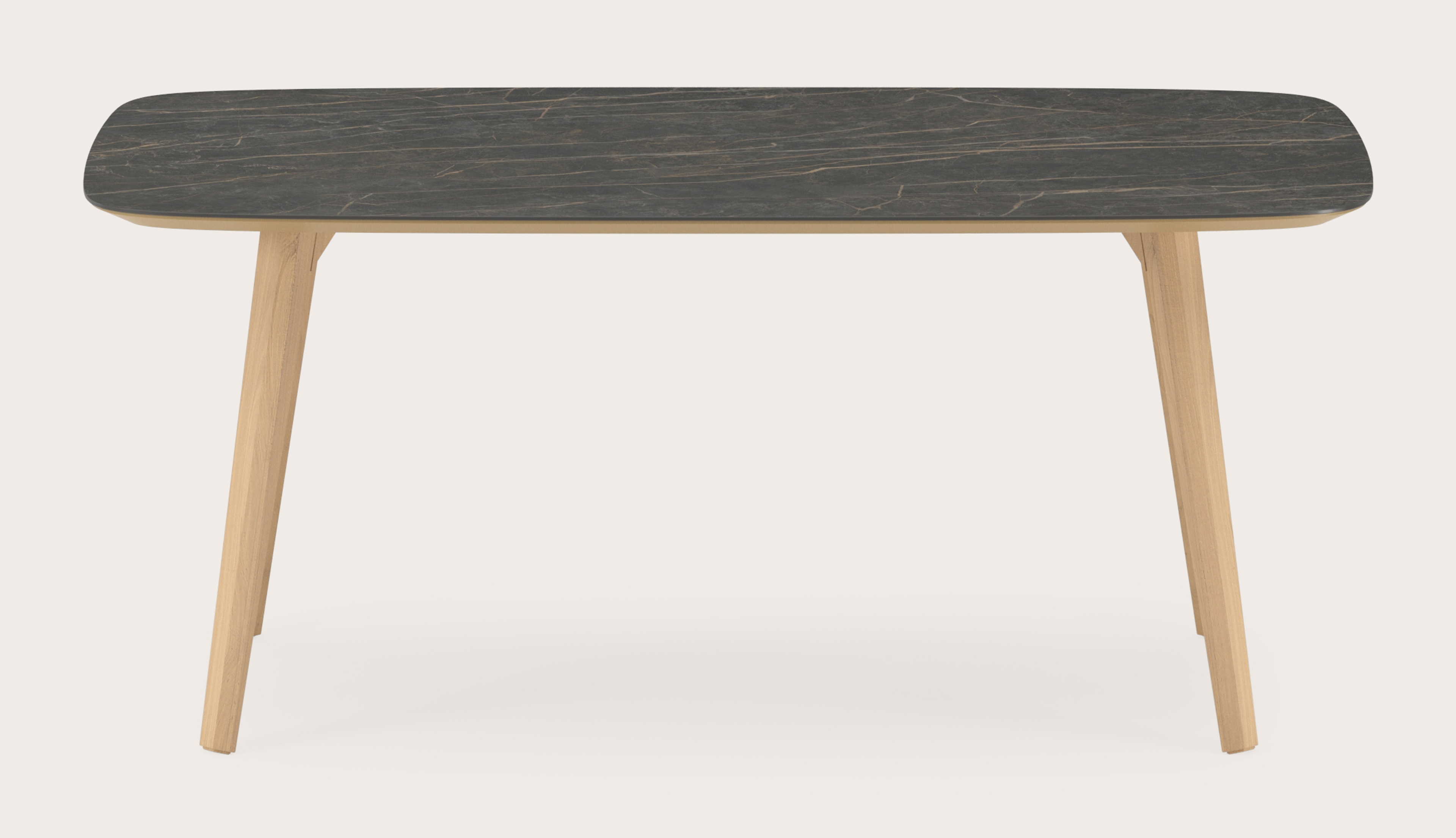 Eettafel Clino onderstel in natuurkleurige eik met bootvormig volkeramisch Ceramo blad in kleur Black Obsession 180 x 100 x 77 cm