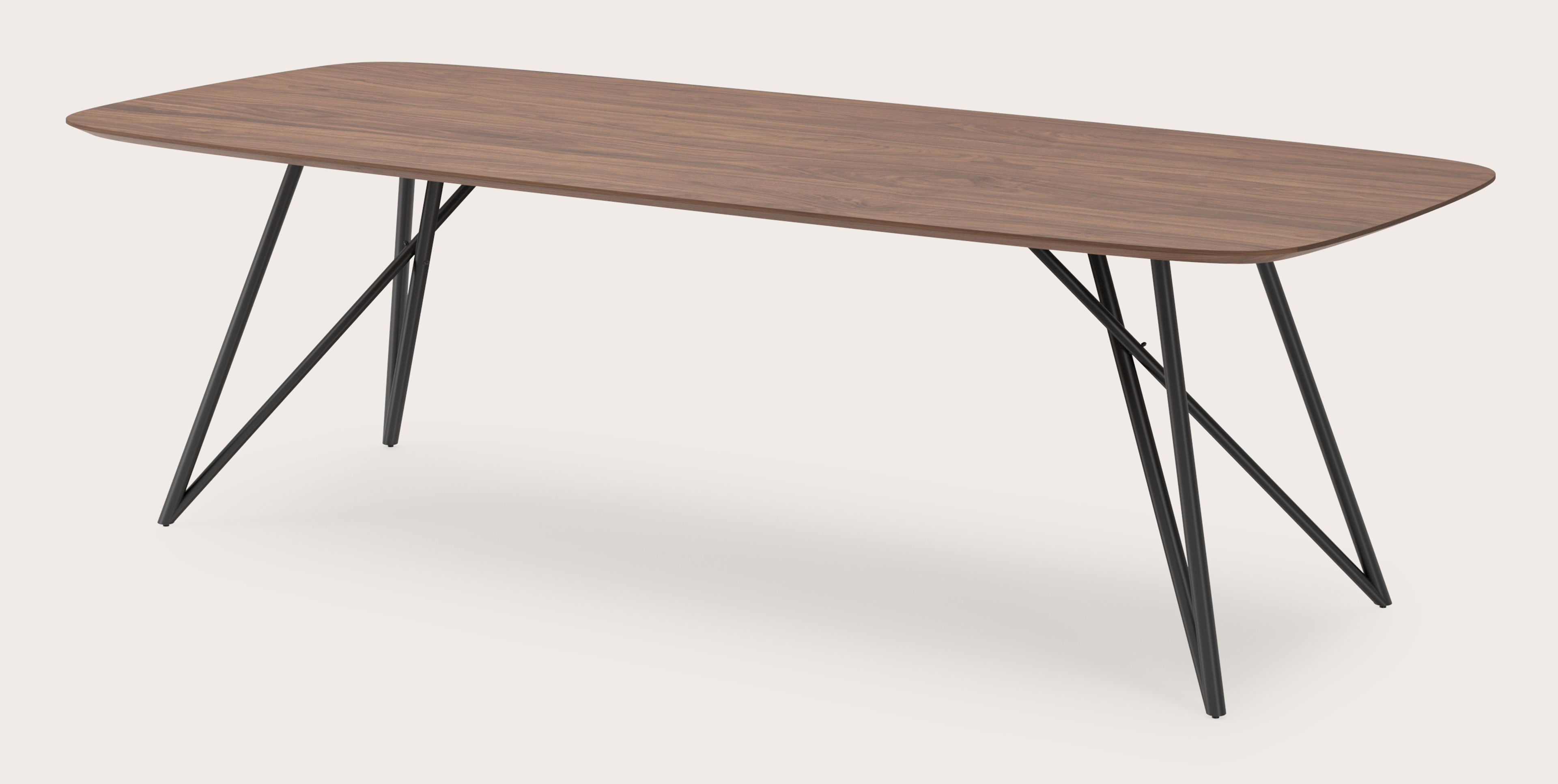 Eettafel Ragno onderstel in zwart metaal met bootvormig Finesso blad in walnoot 260 x 110 x 77 cm