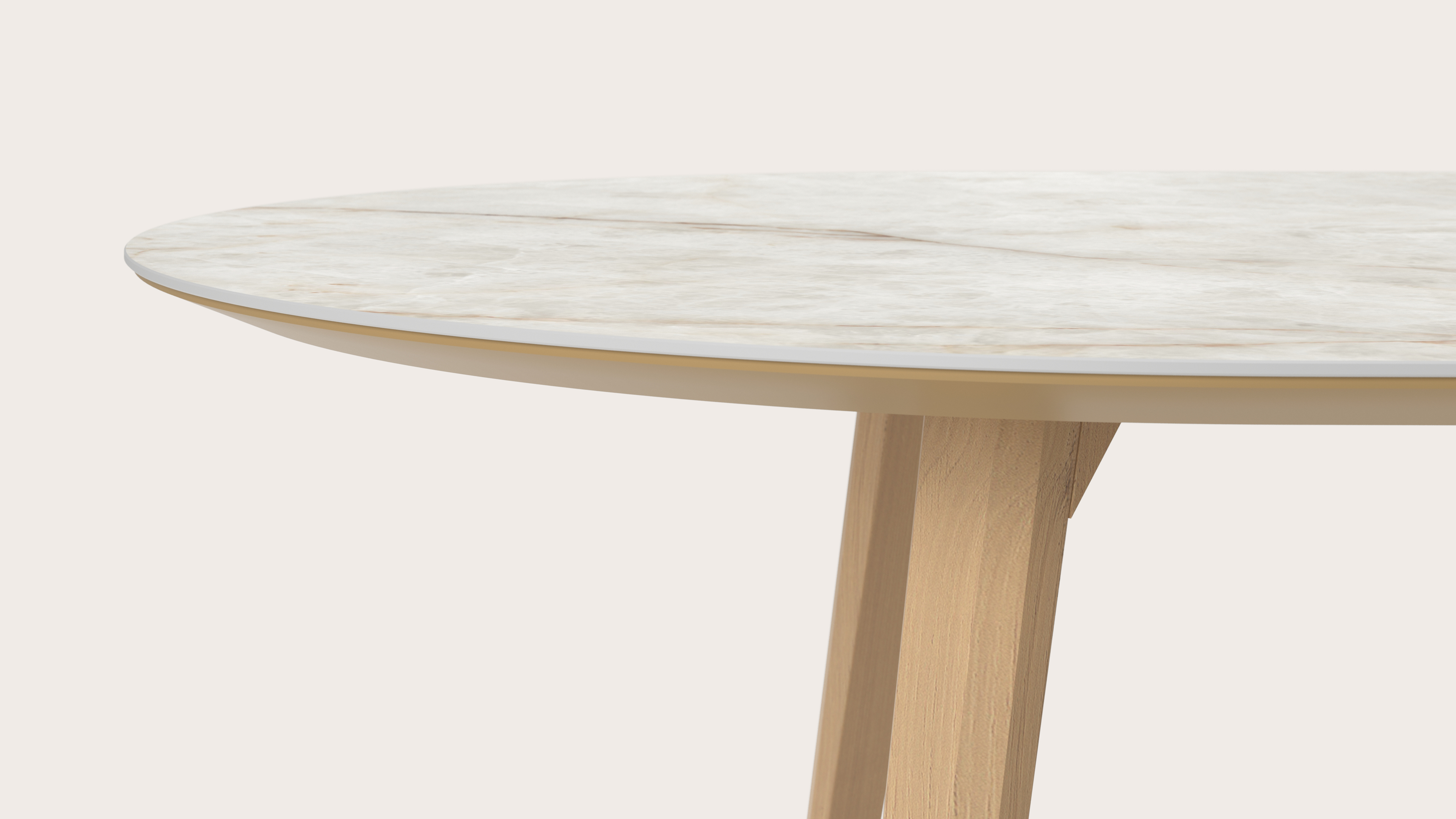 Eettafel Clino onderstel in natuurkleurige eik met plat ovaal volkeramisch Ceramo blad in kleur Himalaya 300 x 120 x 77 cm