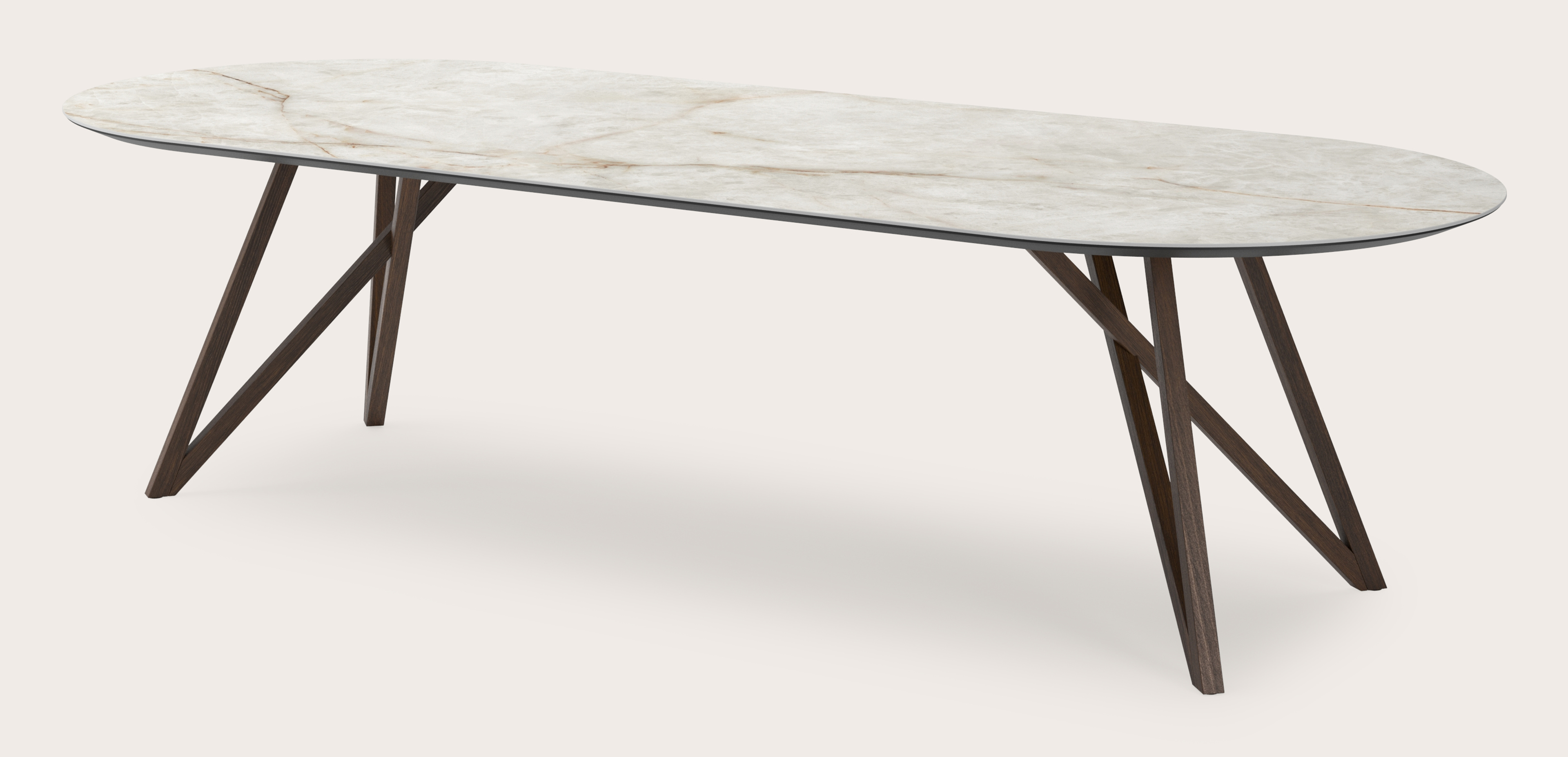 Table de salle à manger Ragno armature en chêne fumé avec plat plateau Ceramo ovale en céramique en couleur Himalaya 300 x 120 x 77 cm