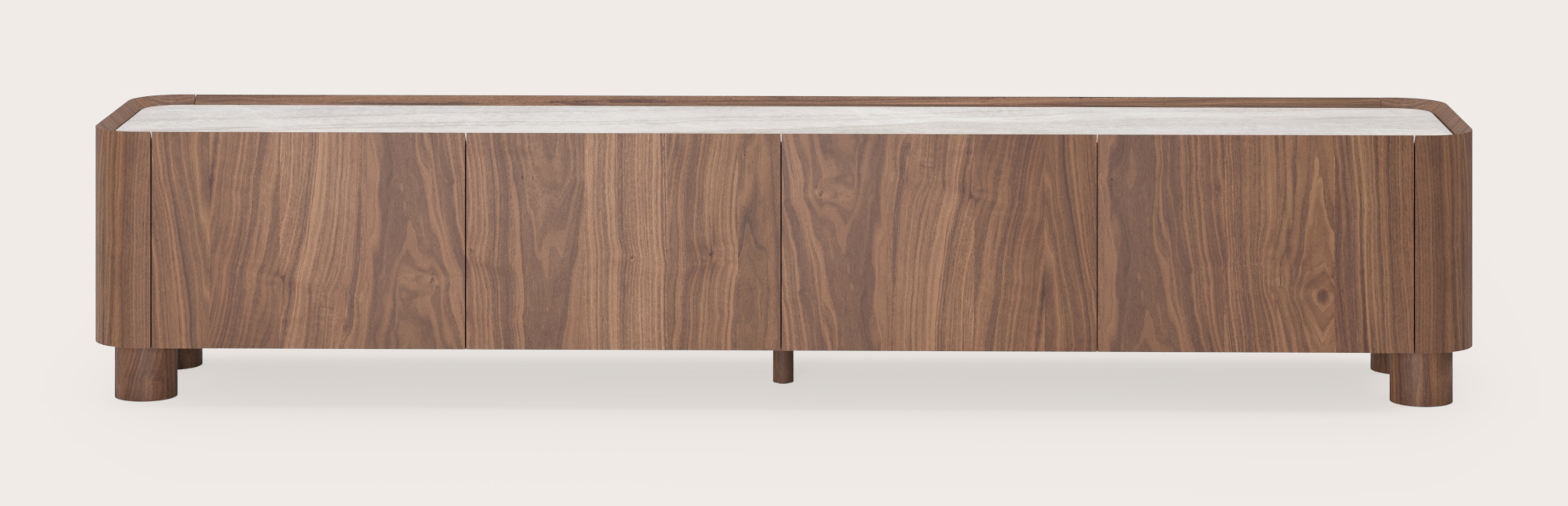 Meuble tv Curvato en noyer avec pieds ronds en bois avec plateau Ceramo en céramique en couleur Taj Mahal 219 x 45 x 44 cm