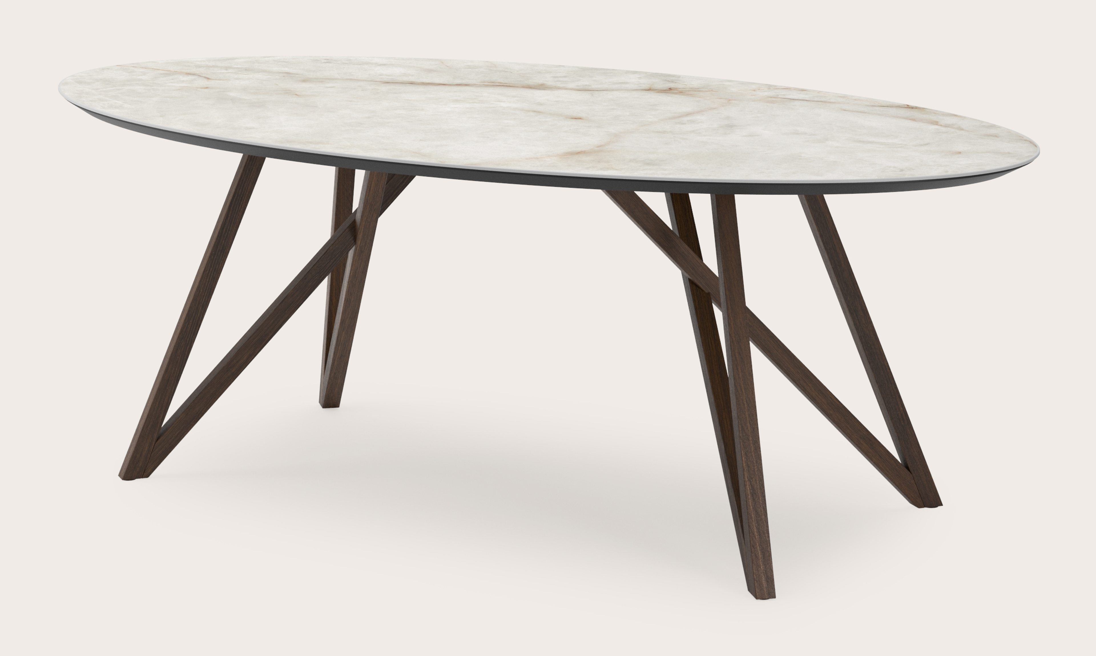 Table de salle à manger Ragno armature en chêne fumé avec plateau Ceramo ovale en céramique en couleur Himalaya 220 x 120 x 77 cm