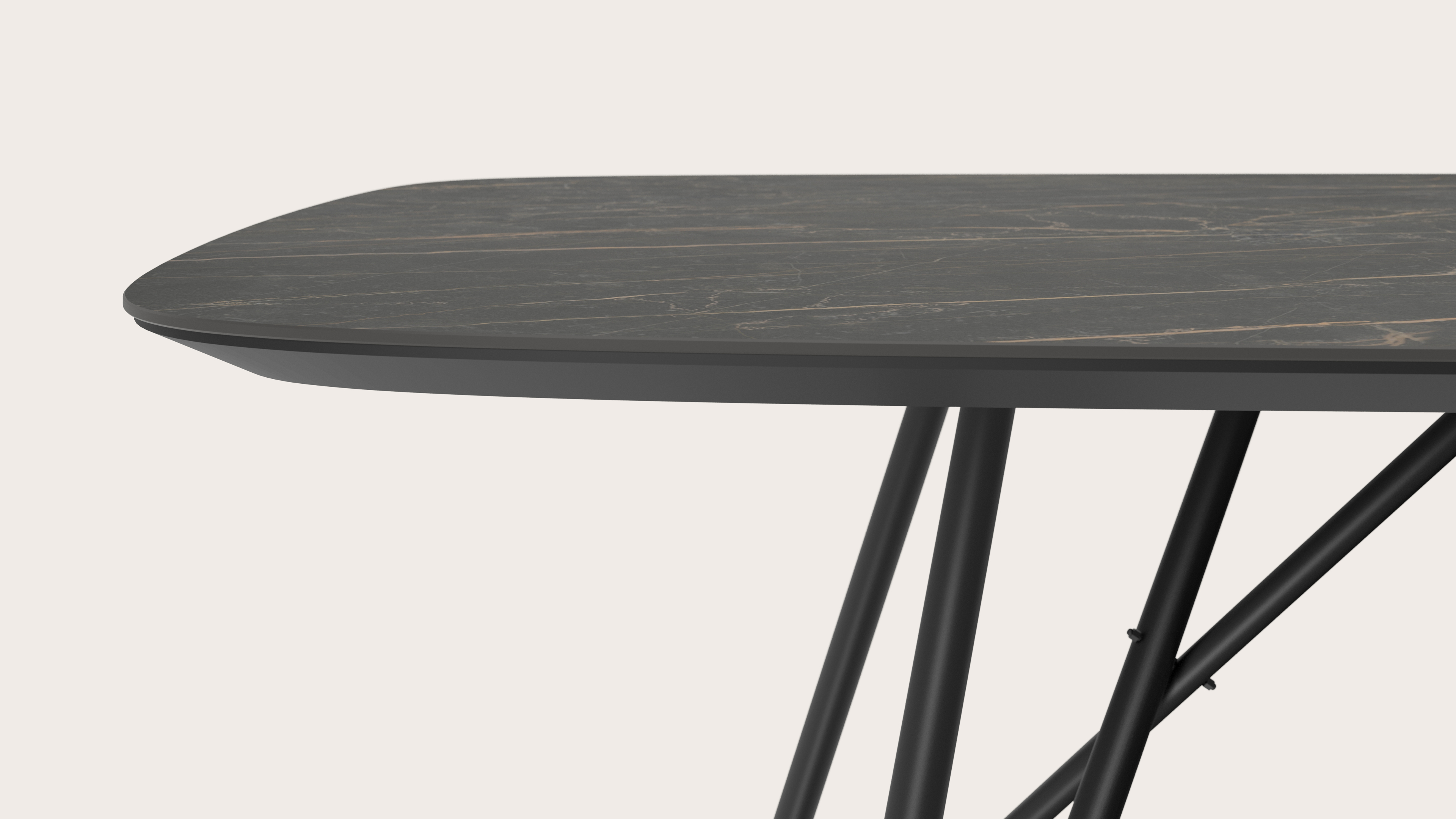 Table de salle à manger Ragno armature en métal noir avec plateau Ceramo forme arrondi en céramique en couleur Black Obsession 300 x 115 x 77 cm