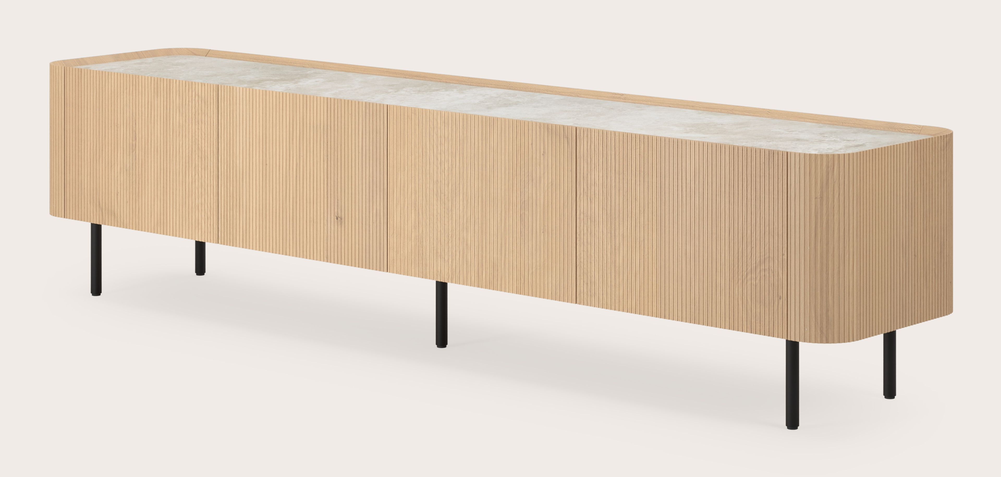 Grivato tv-meubel in natuurkleurige eik met ronde poten met volkeramisch Ceramo blad in kleur Rapolano 219 x 45 cm