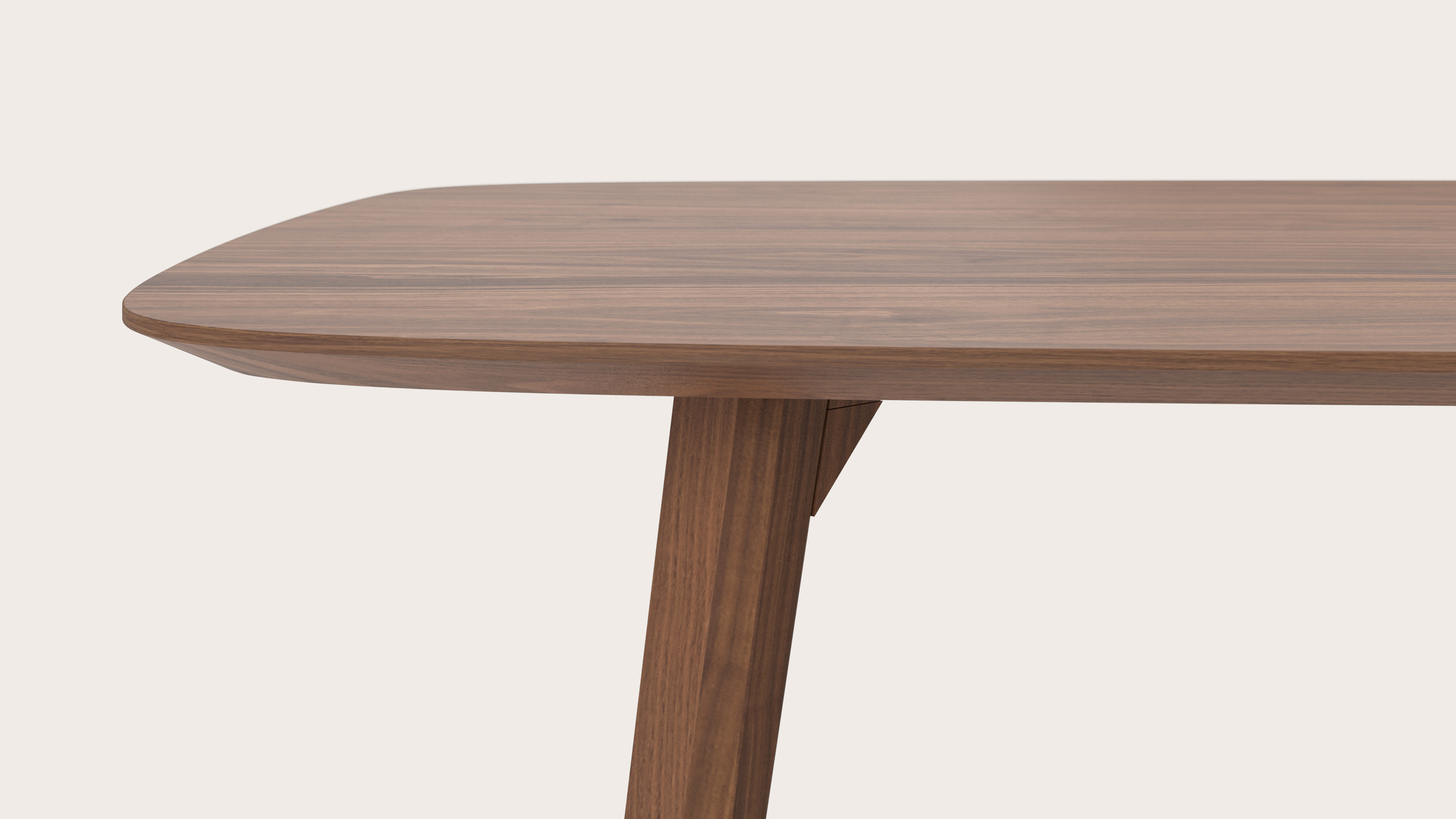 Eettafel Clino onderstel in walnoot met bootvormig Finesso blad in walnoot 260 x 110 x 76 cm