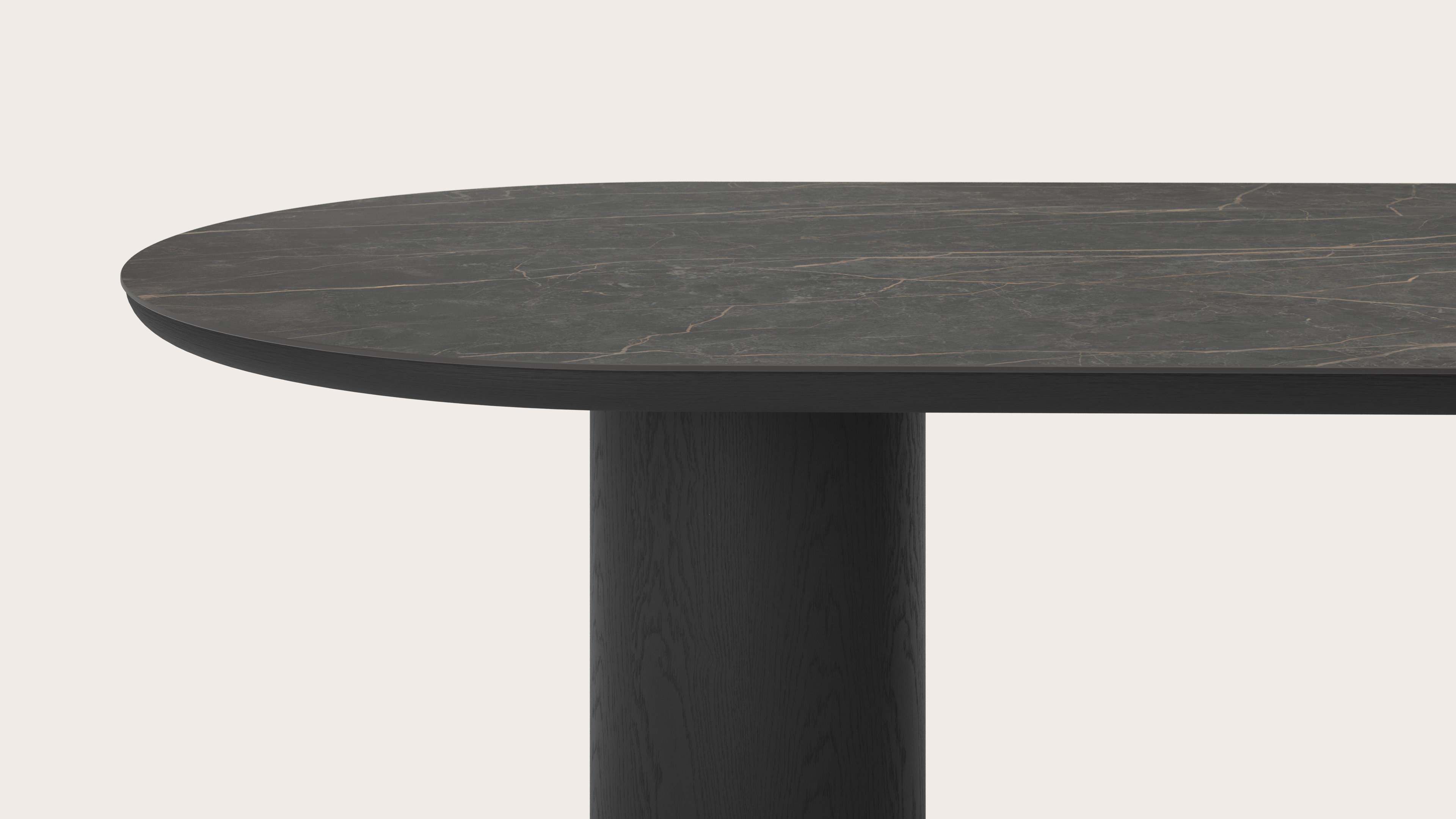 Table de salle à manger Amato Rondo armature en chêne noir avec plateau Ceramo ovale plat en céramique en couleur Black Obsession 300 x 120 x 76 cm