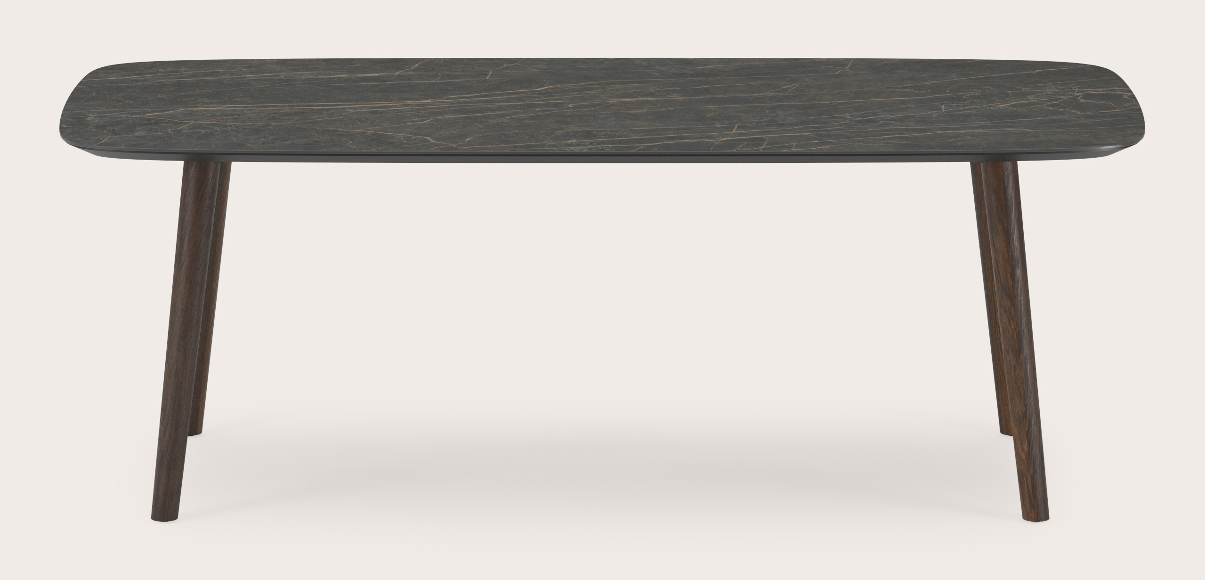 Table de salle à manger Conico armature en chêne fumé avec plateau Ceramo forme arrondie en céramique en couleur Black Obsession 200 x 105 x 77 cm