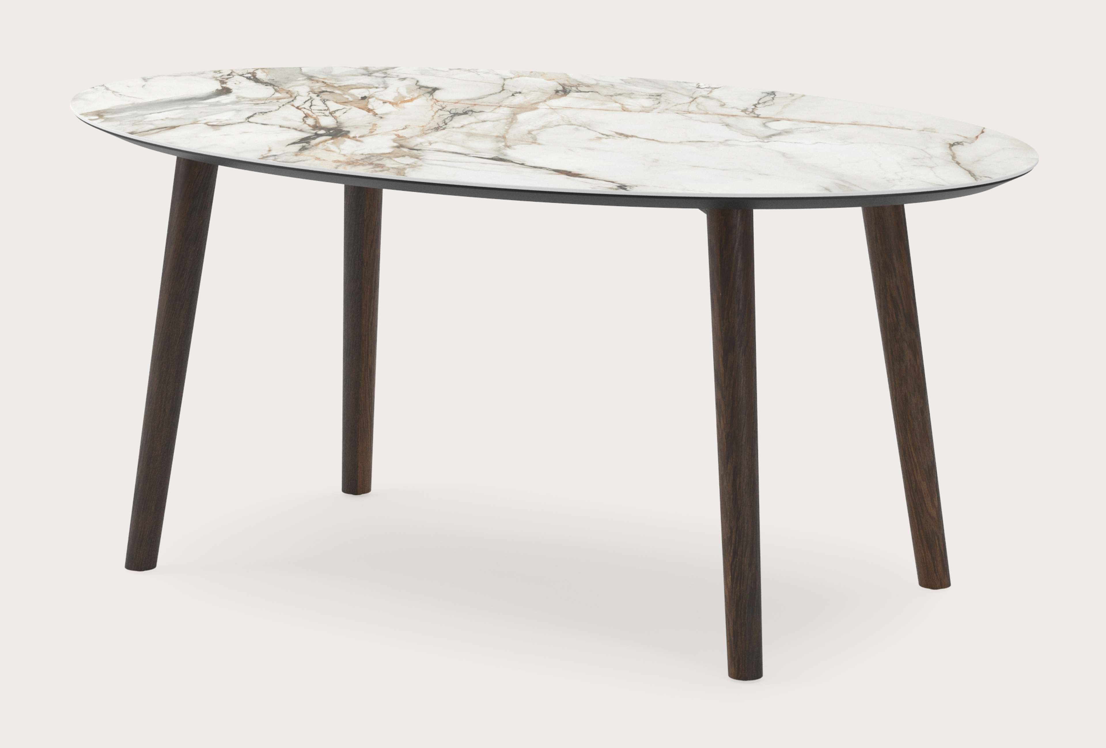 Eettafel Conico onderstel in gerookte eik met ovaal volkeramisch Ceramo blad in kleur Calacatta Luxe 180 x 110 x 77 cm