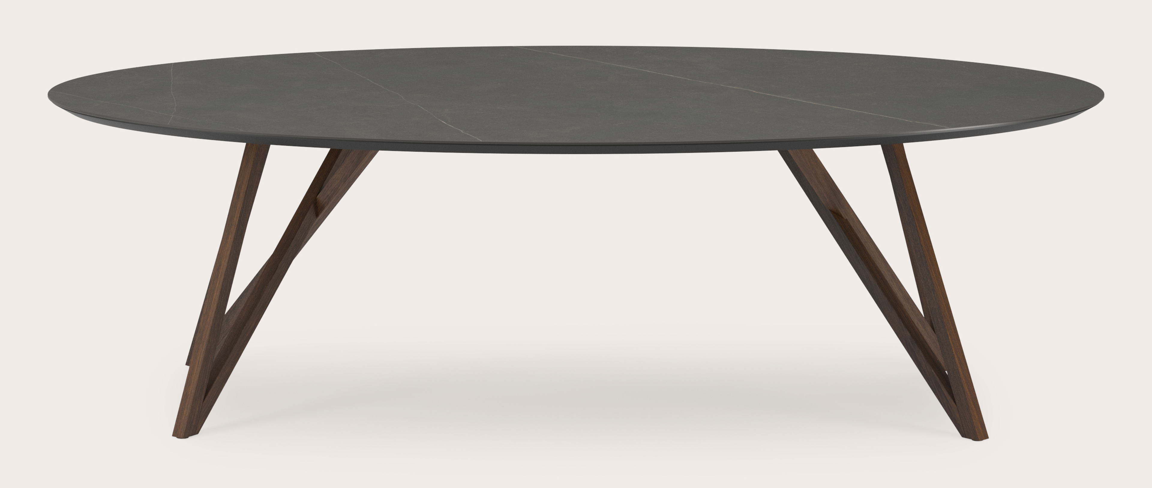 Eettafel Ragno onderstel in gerookte eik met ovaal volkeramisch Ceramo blad in kleur Calatorao 260 x 130 x 77 cm