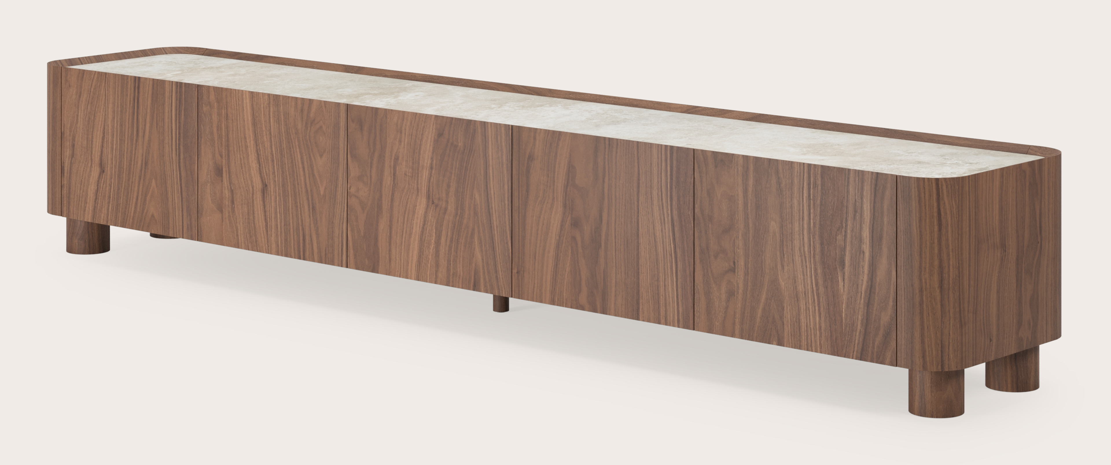 Curvato tv-meubel in walnoot met ronde houten poten met volkeramisch Ceramo blad in kleur Rapolano 249 x 45 x 44 cm