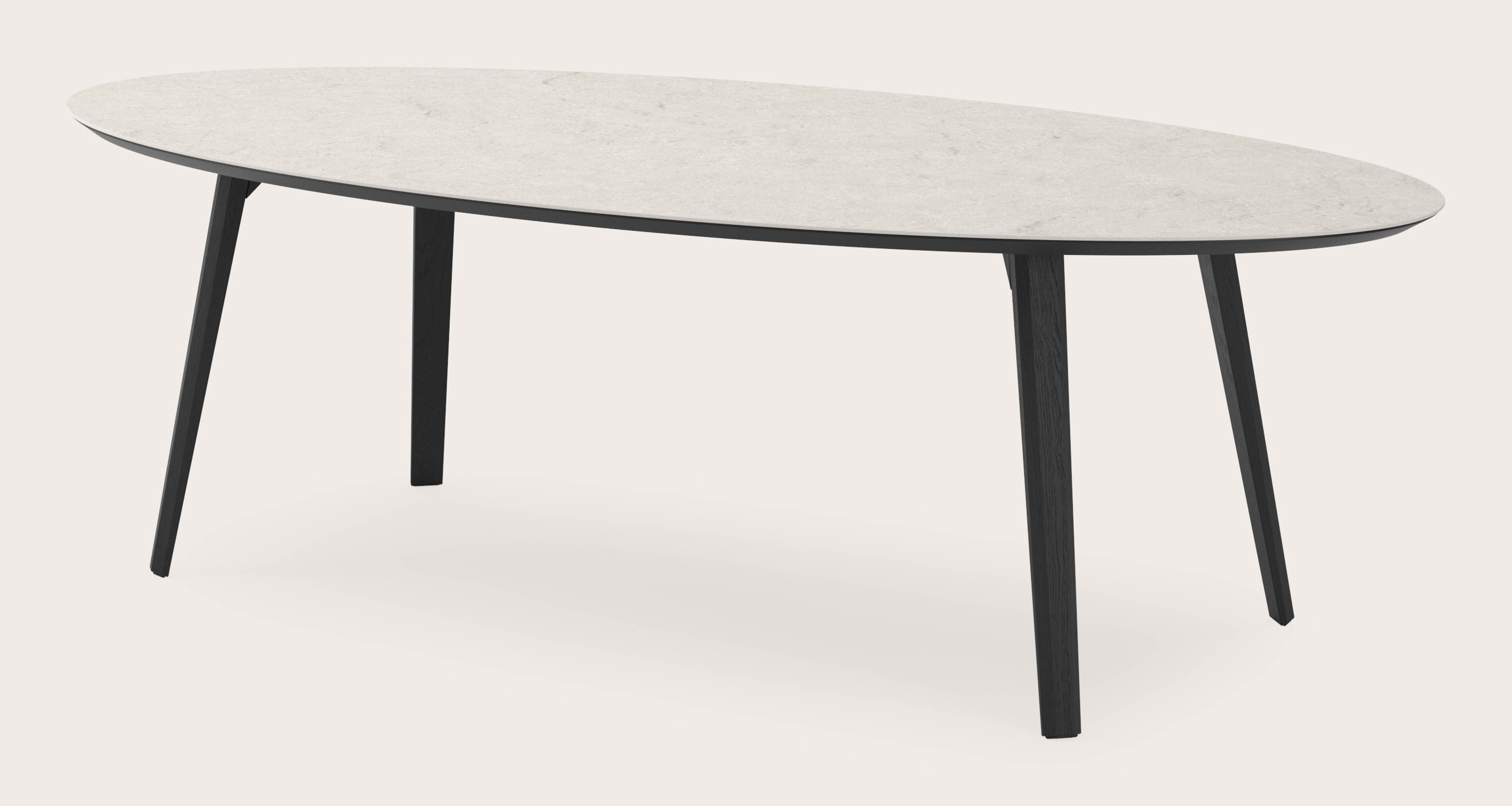 Eettafel Clino onderstel in zwarte eik met ovaal volkeramisch Ceramo blad in kleur Shilin 260 x 130 x 77 cm