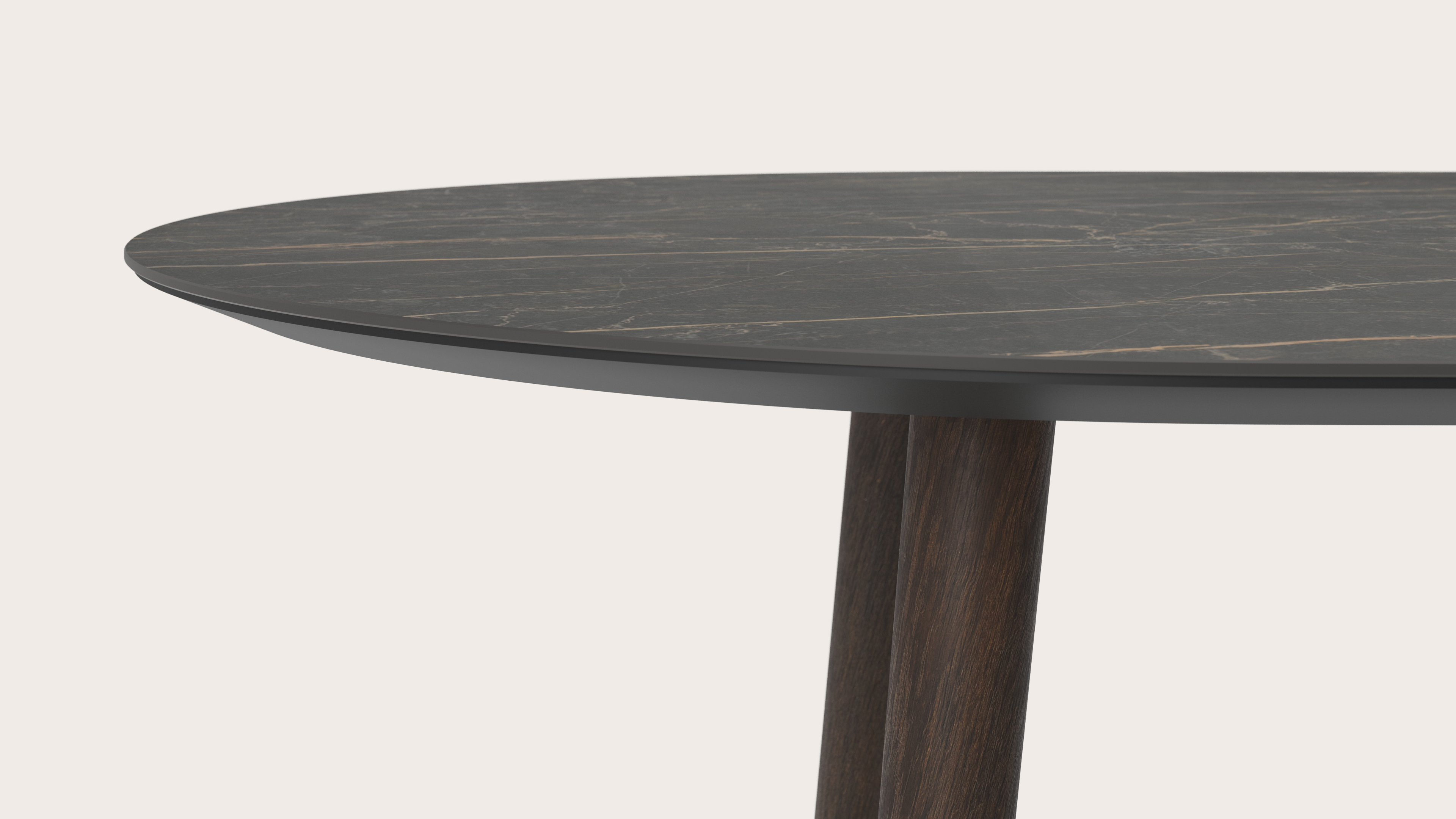 Table de salle à manger Conico armature en chêne fumé avec plat plateau Ceramo ovale en céramique en couleur Black Obsession 300 x 120 x 77 cm