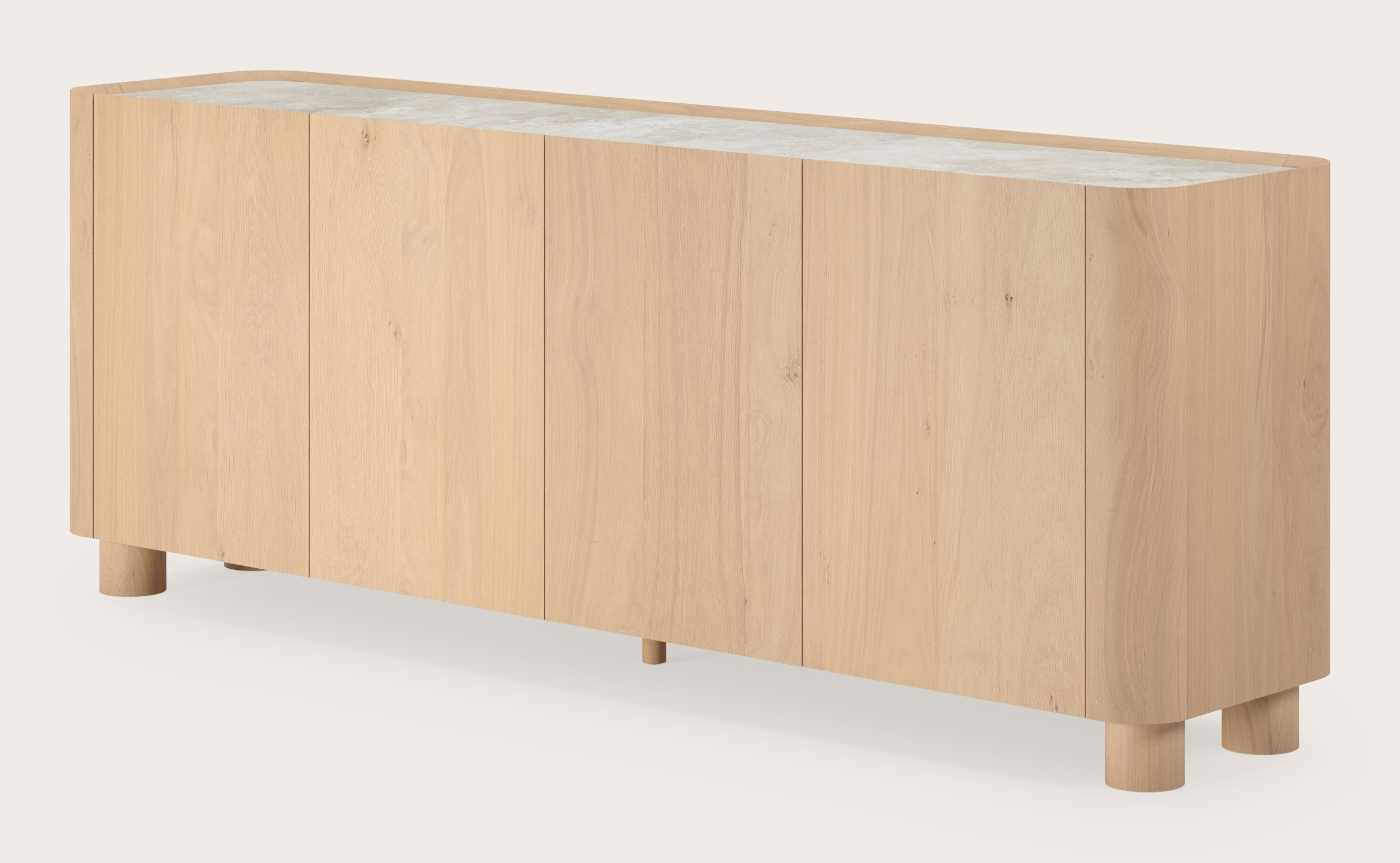 Curvato dressoir in natuurkleurige eik met ronde houten poten met volkeramisch Ceramo blad in kleur Rapolano 203 x 45 x 76 cm