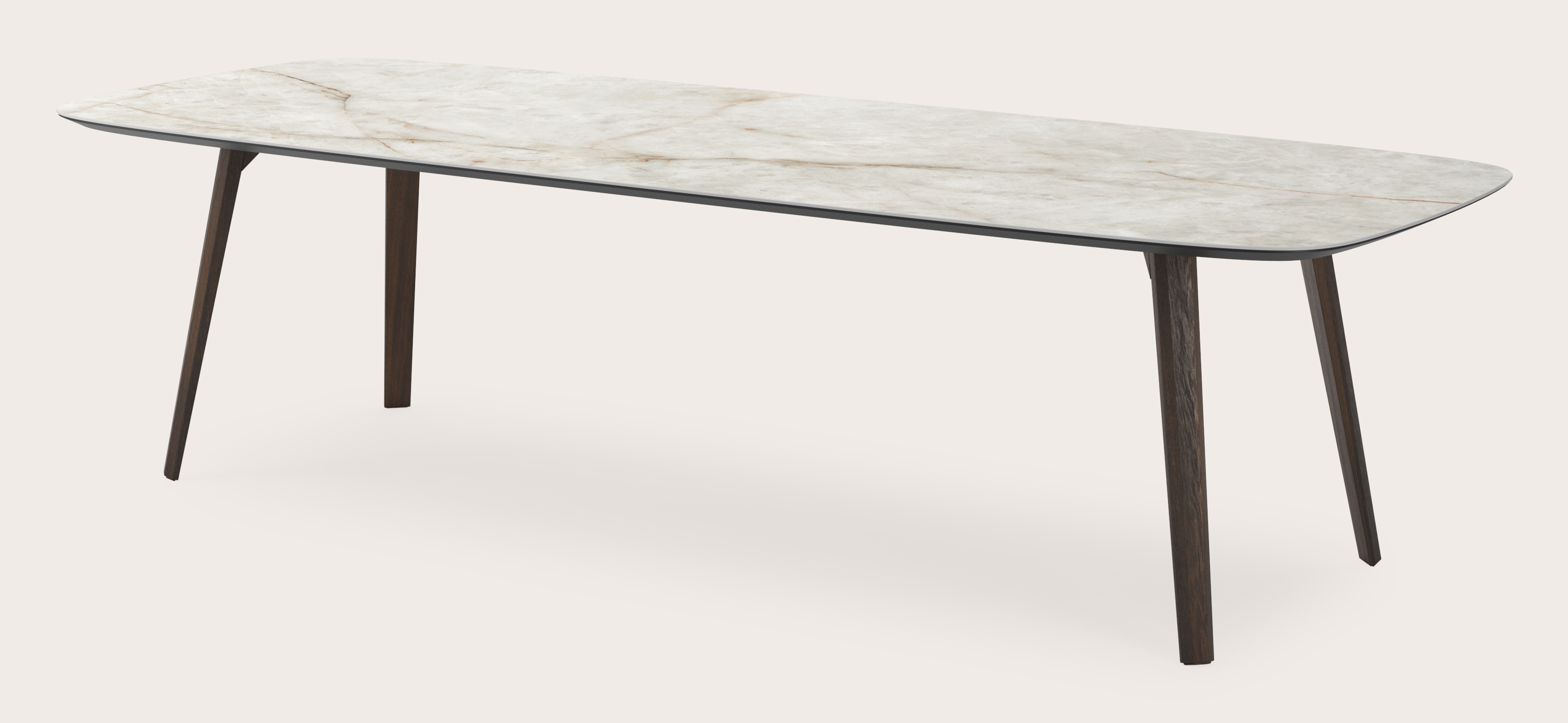 Eettafel Clino onderstel in gerookte eik met bootvormig volkeramisch Ceramo blad in kleur Himalaya 300 x 115 x 77 cm