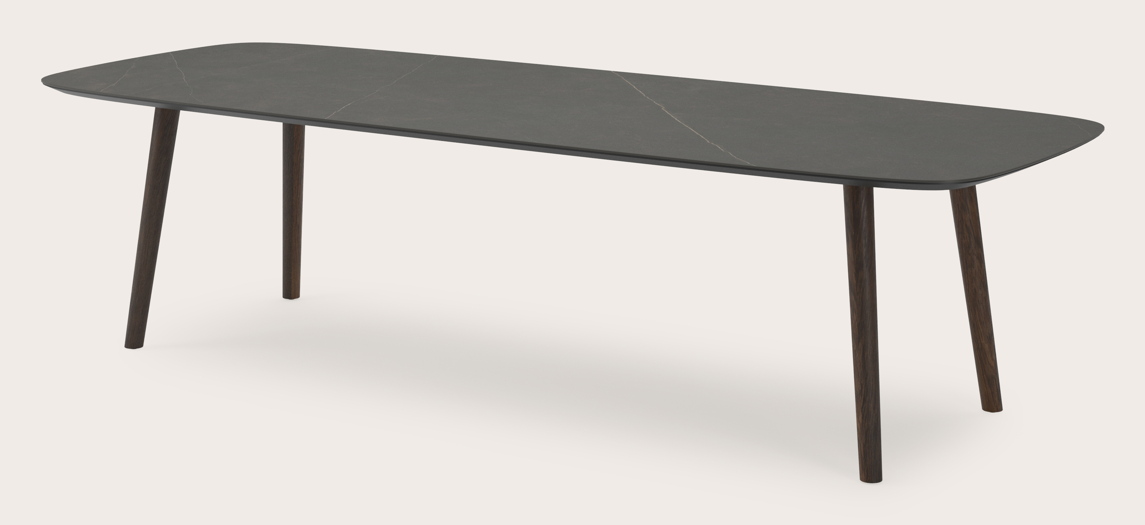 Eettafel Conico onderstel in gerookte eik met bootvormig volkeramisch Ceramo blad in kleur Calatorao 300 x 115 x 77 cm