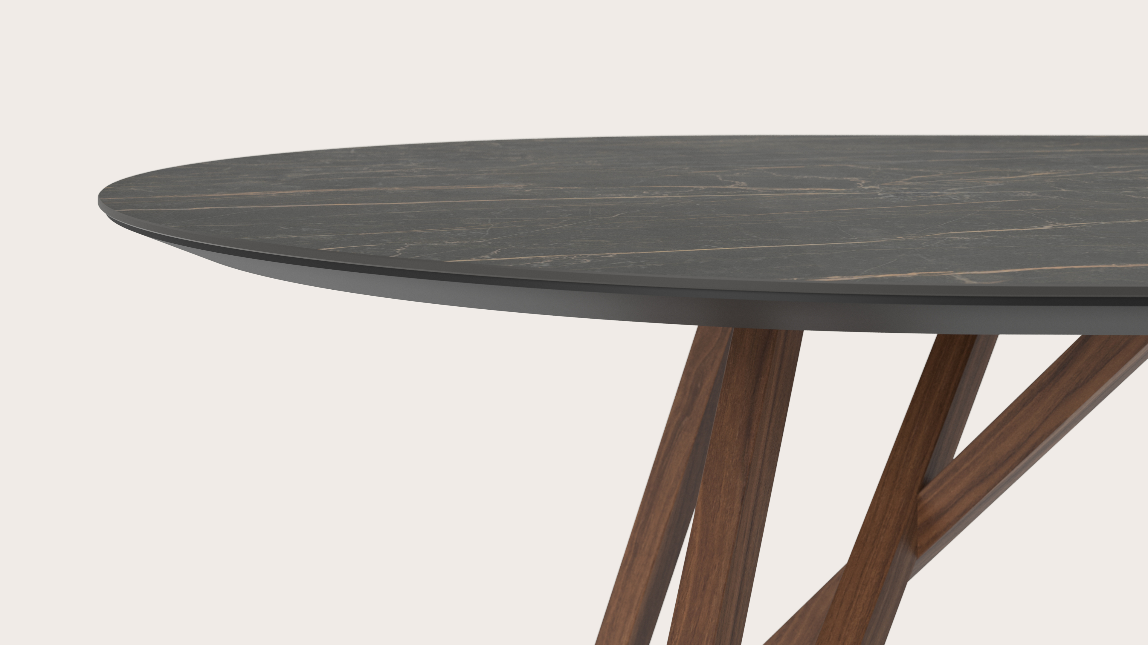 Eettafel Ragno onderstel in walnoot met plat ovaal volkeramisch Ceramo blad in kleur Black Obsession 300 x 120 x 77 cm 