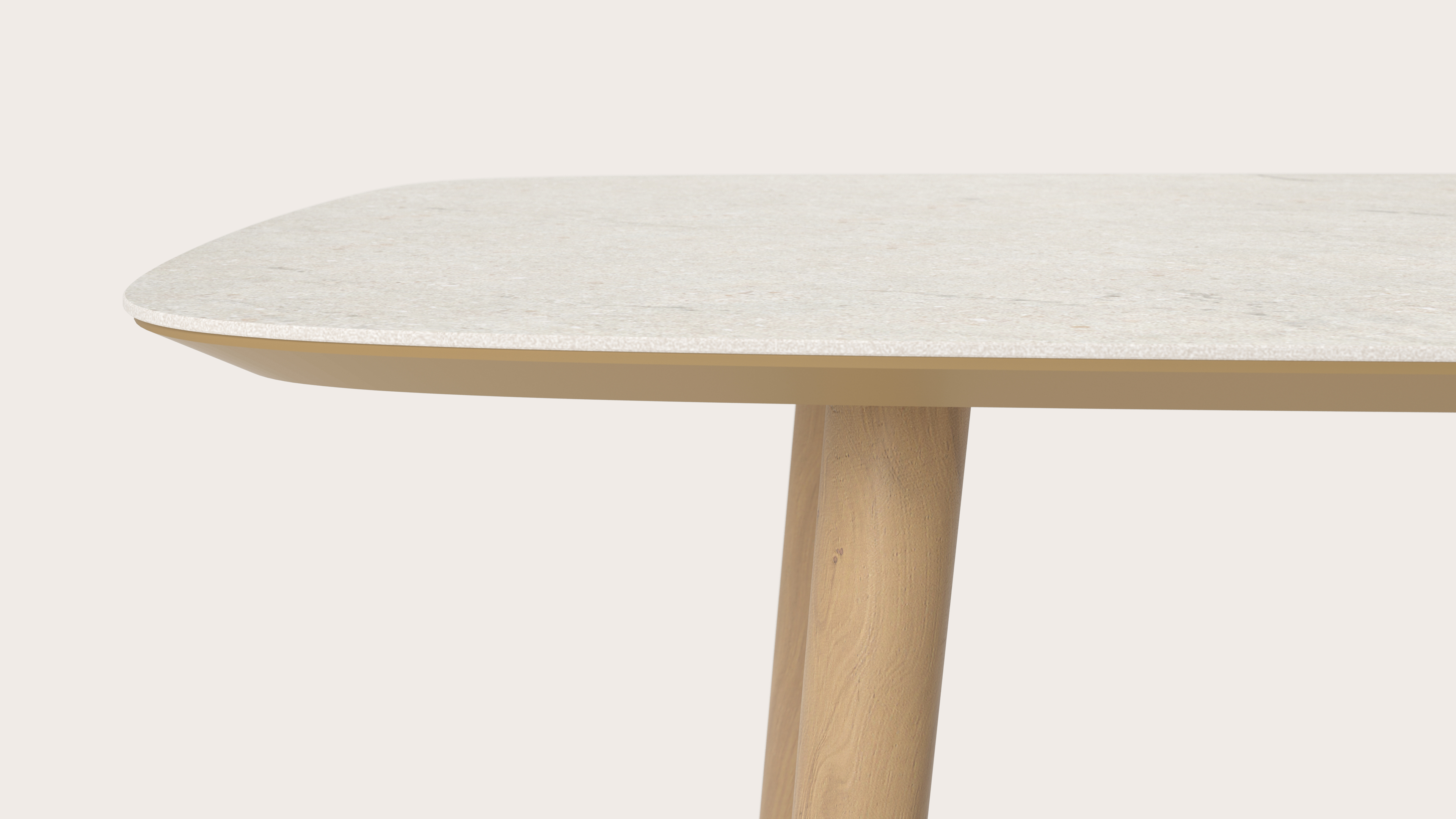 Eettafel Conico onderstel in natuurkleurige eik met bootvormig volkeramisch Ceramo blad in kleur Shilin 300 x 115 x 77 cm