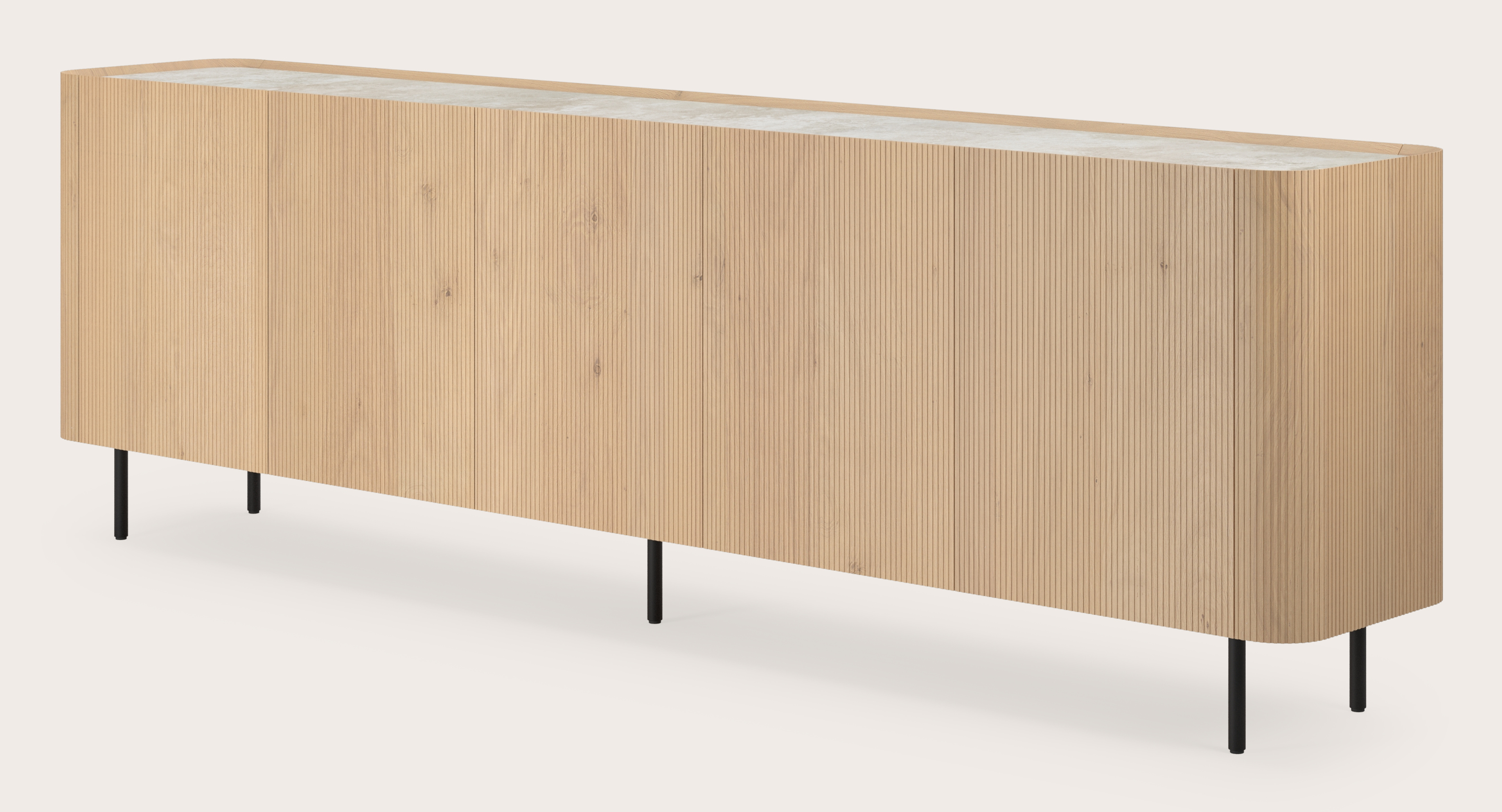 Grivato dressoir in natuurkleurige eik met ronde poten met volkeramisch Ceramo blad in kleur Rapolano 269 x 45 cm