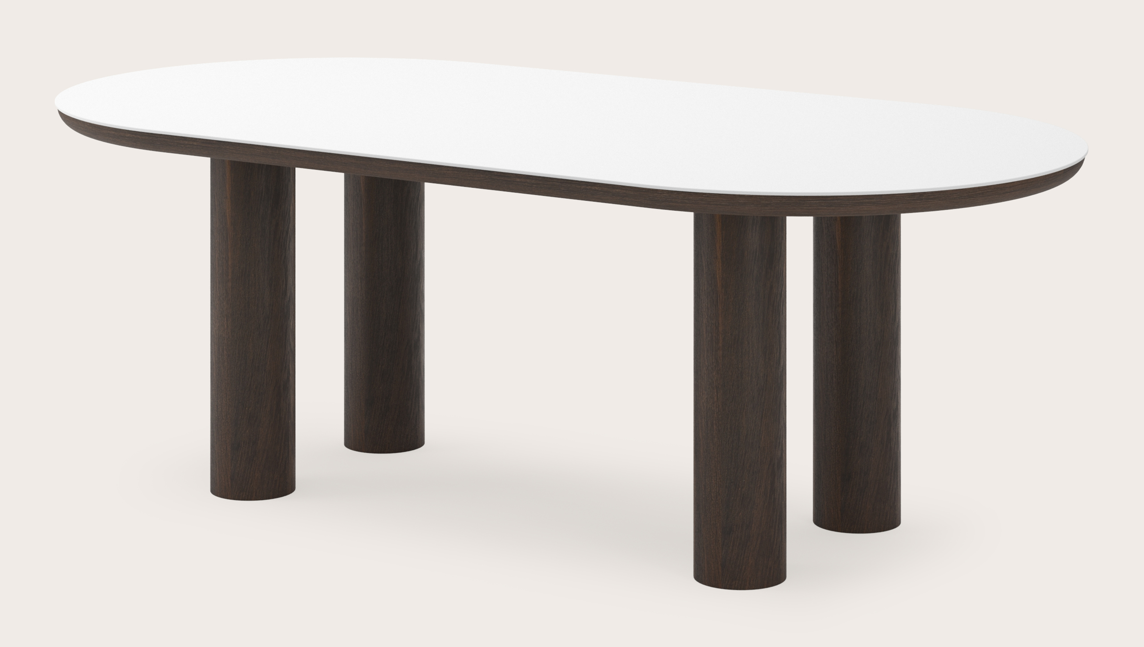 Eettafel Amato Rondo onderstel in gerookte eik met plat ovaal volkeramisch Ceramo blad in kleur Arctic White 220 x 110 x 76 cm