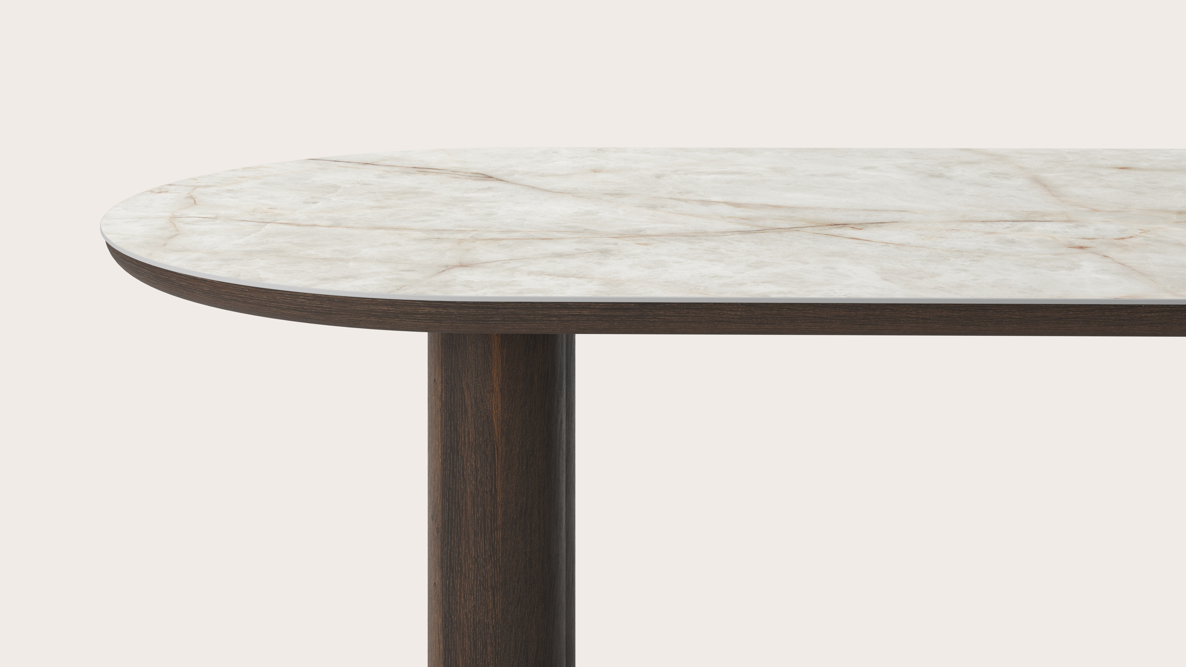 Eettafel Amato Rondo onderstel in gerookte eik met plat ovaal volkeramisch Ceramo blad in kleur Himalaya 220 x 110 x 76 cm