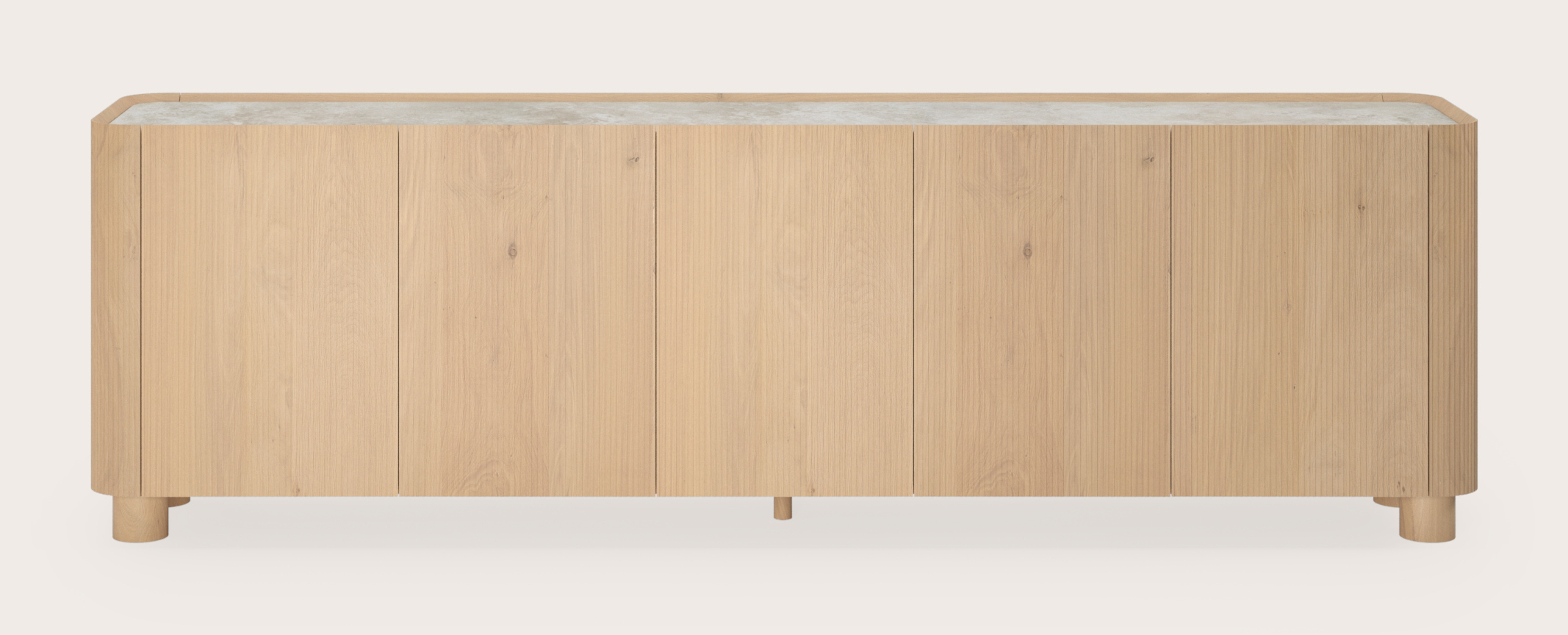 Grivato dressoir in natuurkleurige eik met ronde poten met volkeramisch Ceramo blad in kleur Rapolano 249 x 45 cm