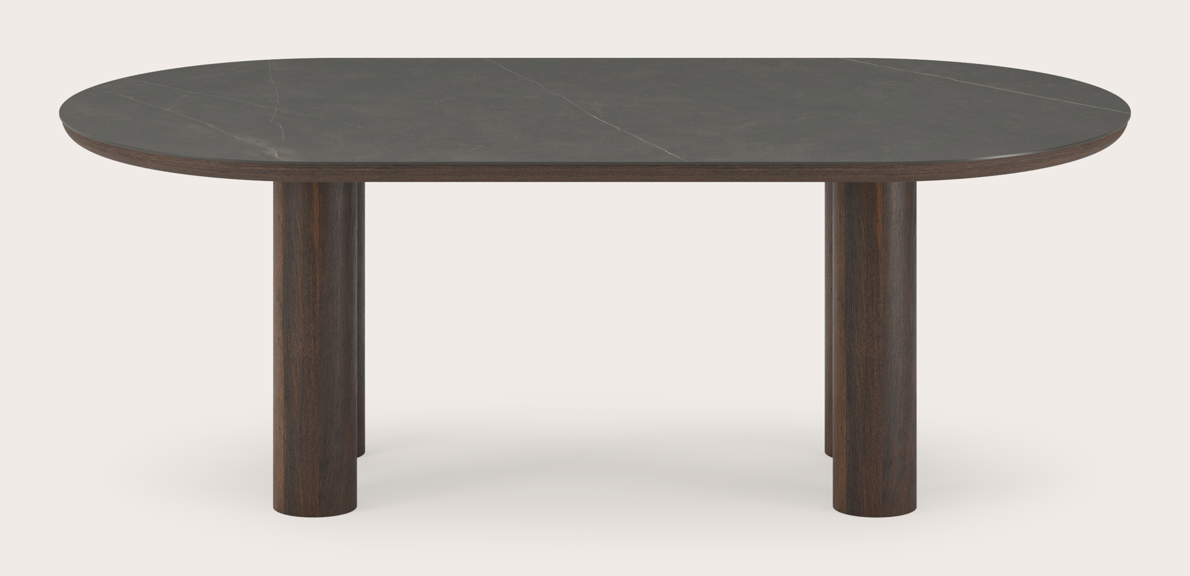 Table de salle à manger Amato Rondo armature en chêne fumé avec plateau Ceramo ovale plat en céramique en couleur Calatorao 220 x 110 x 76 cm