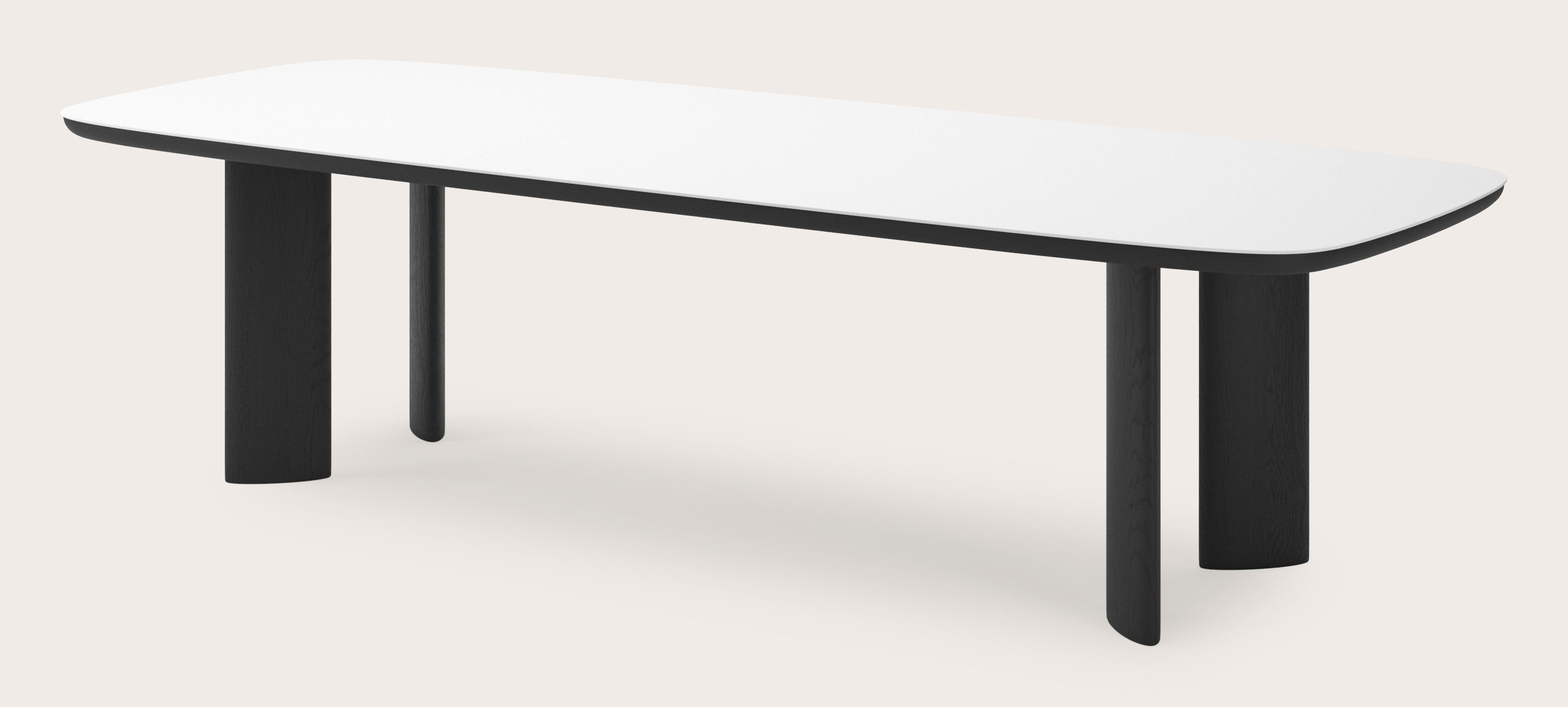 Table de salle à manger Amato Ellipso armature en chêne noir avec plateau Ceramo forme arrondie en céramique en couleur Arctic White 300 x 115 x 76 cm