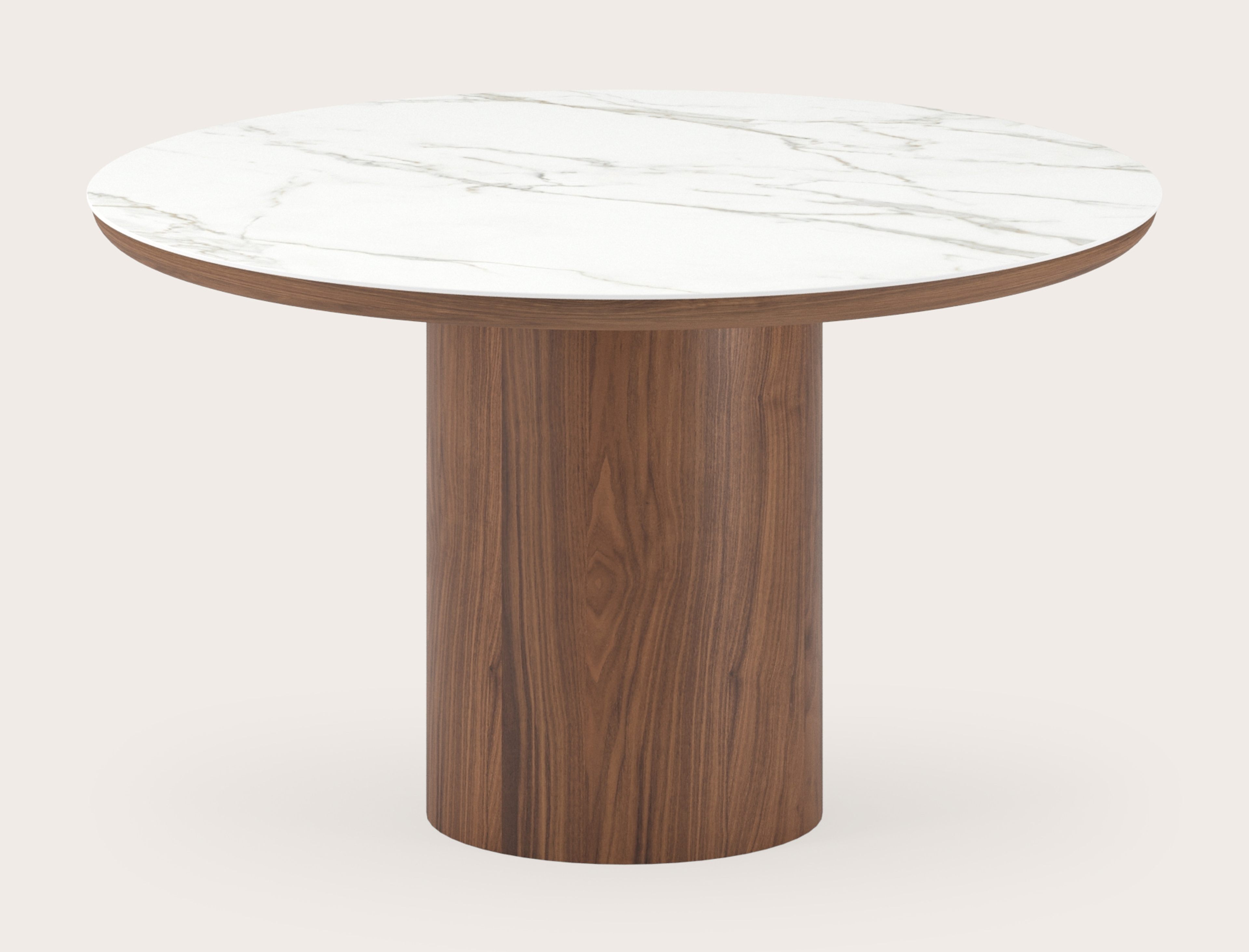 Eettafel Amato Rondo onderstel in walnoot met rond volkeramisch Ceramo blad in kleur Calacatta Ø130 x 76 cm