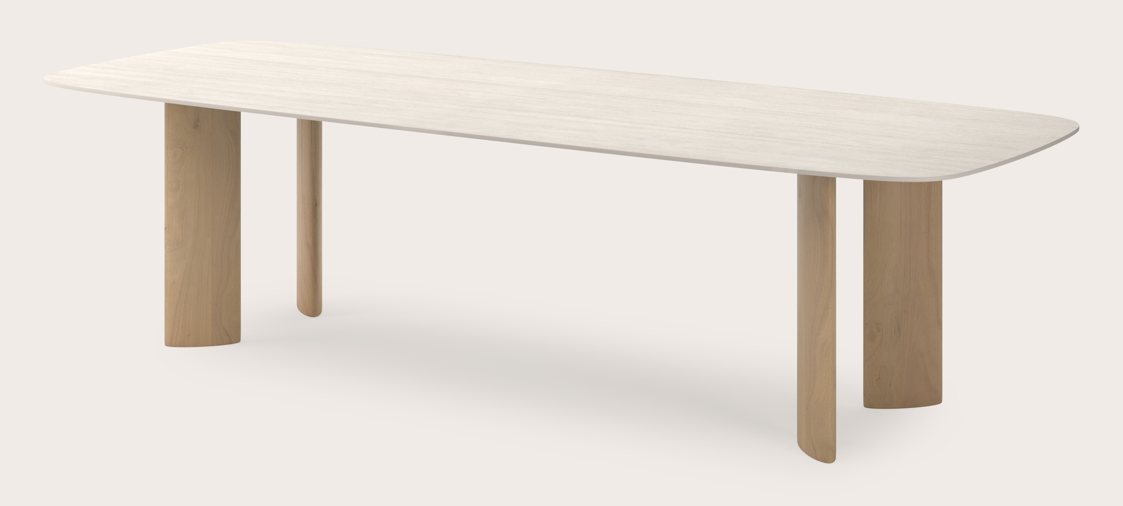 Table à manger Amato Ellipso armature en chêne naturel avec plateau en forme arrondi céramique Ceramo Lux en couleur Travertino Bianco 300x115 cm