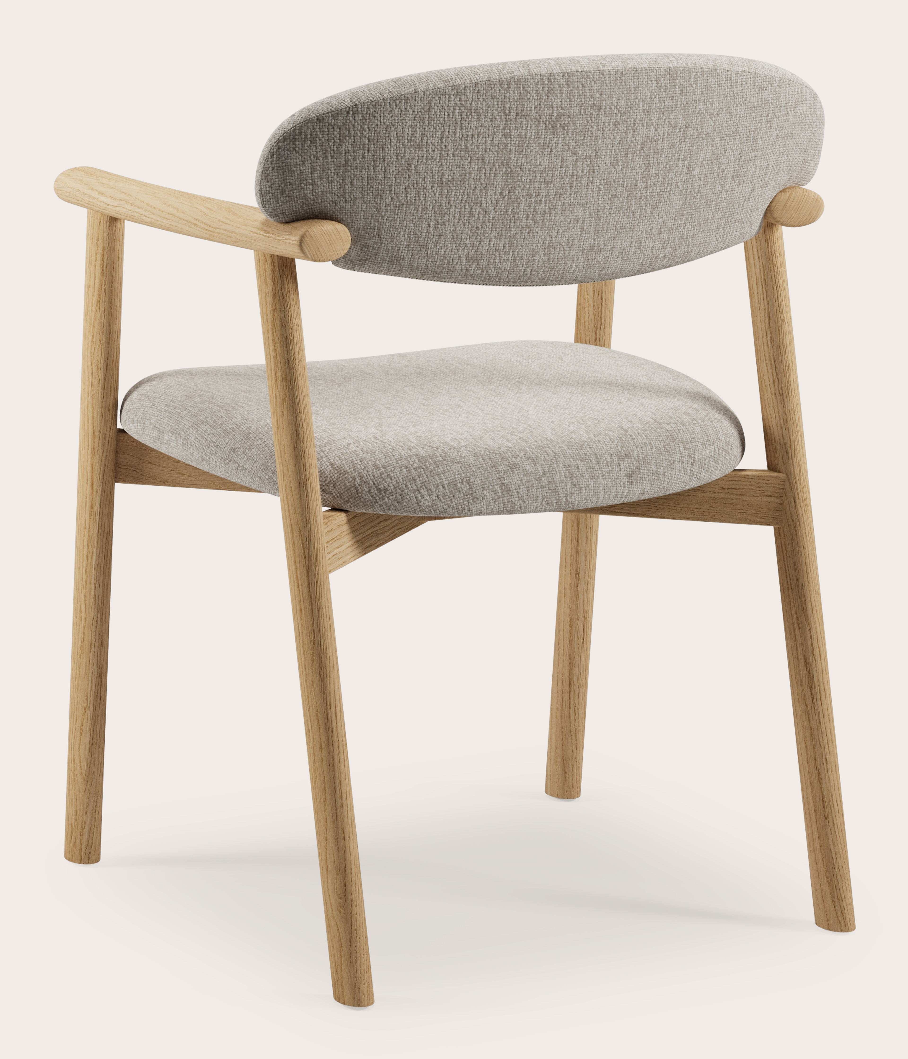 Fauteuil Serrato en Lunaro tissu Almond avec pied de chaise en chêne couleur naturelle
