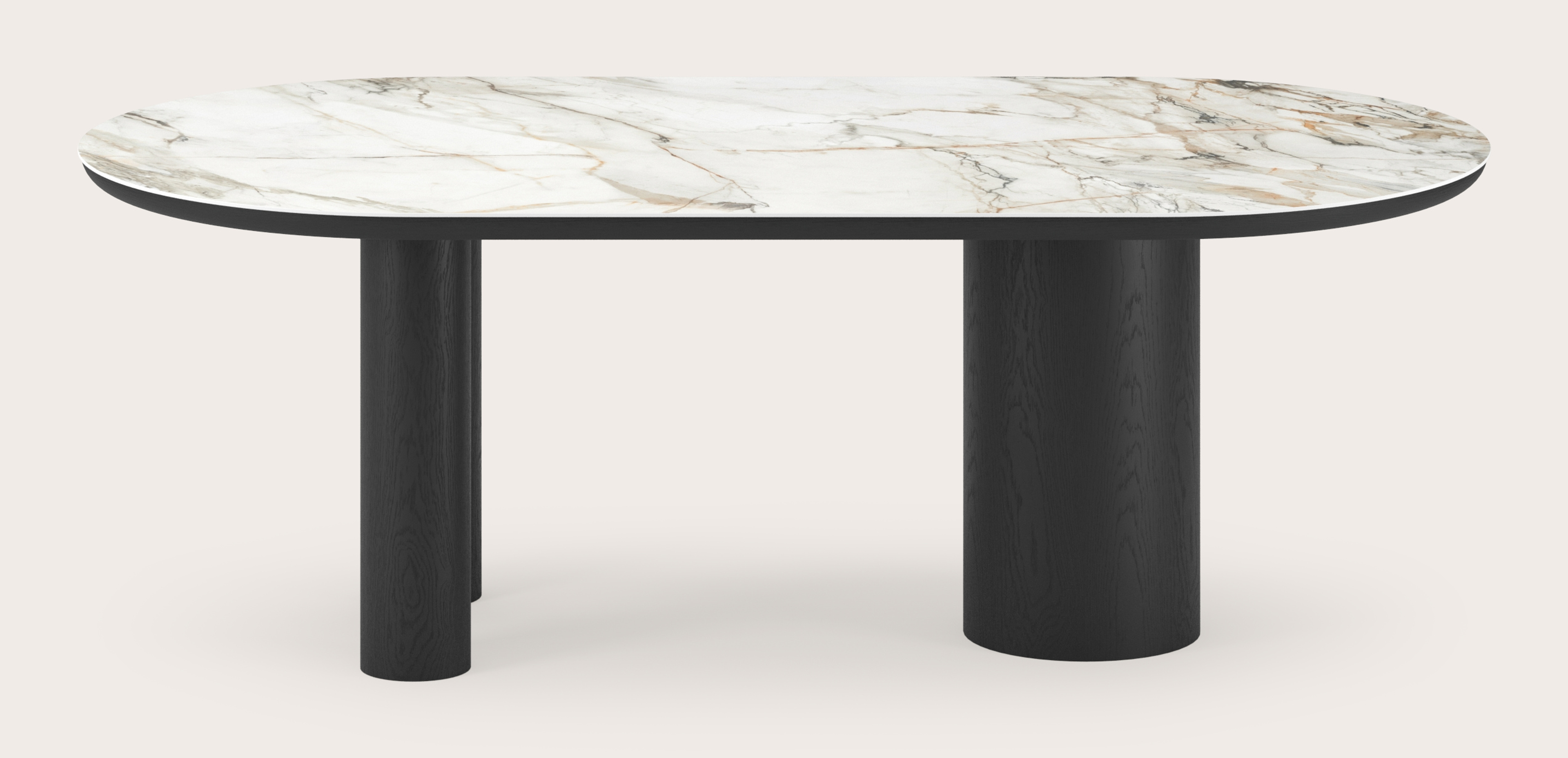 Eettafel Amato Rondo onderstel in zwarte eik met plat ovaal volkeramisch Ceramo blad in kleur Calacatta Luxe 220 x 110 x 76 cm