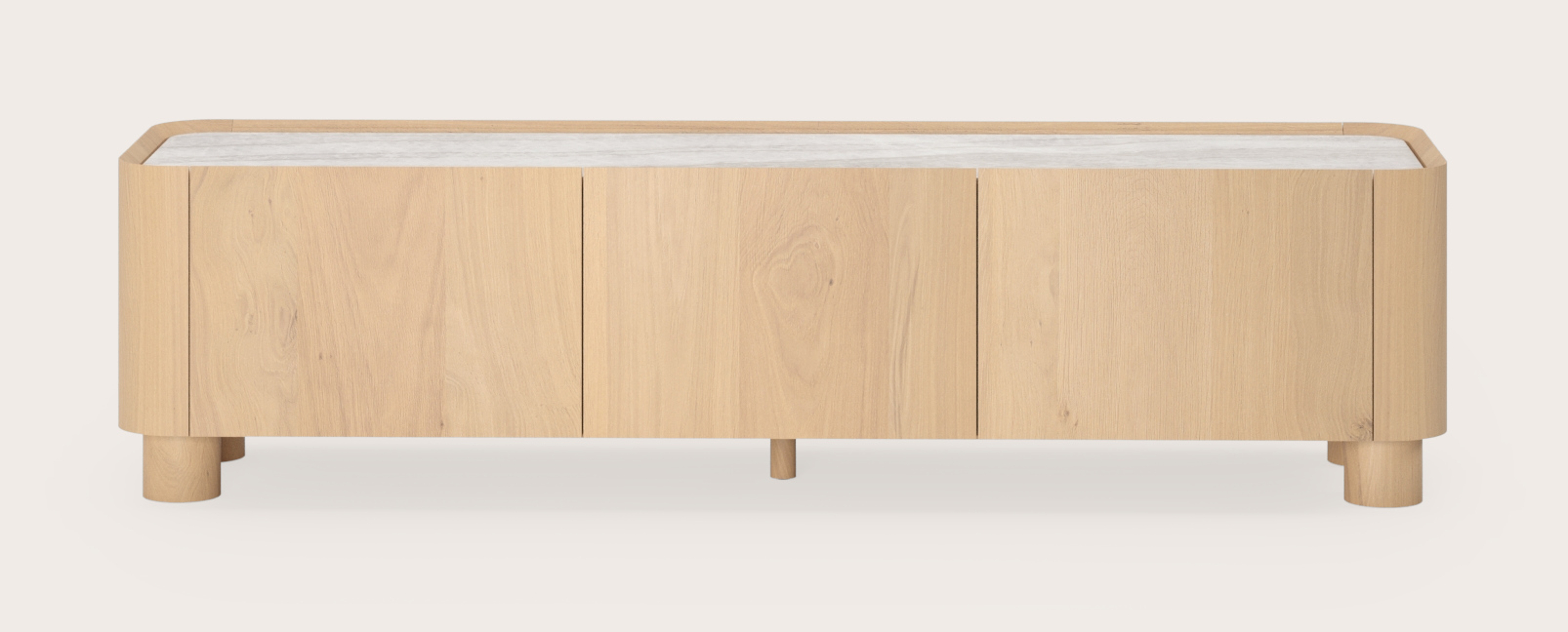 Meuble tv Curvato en chêne couleur naturelle avec pieds ronds en bois avec plateau Ceramo en céramique en couleur Taj Mahal 169 x 45 x 44 cm
