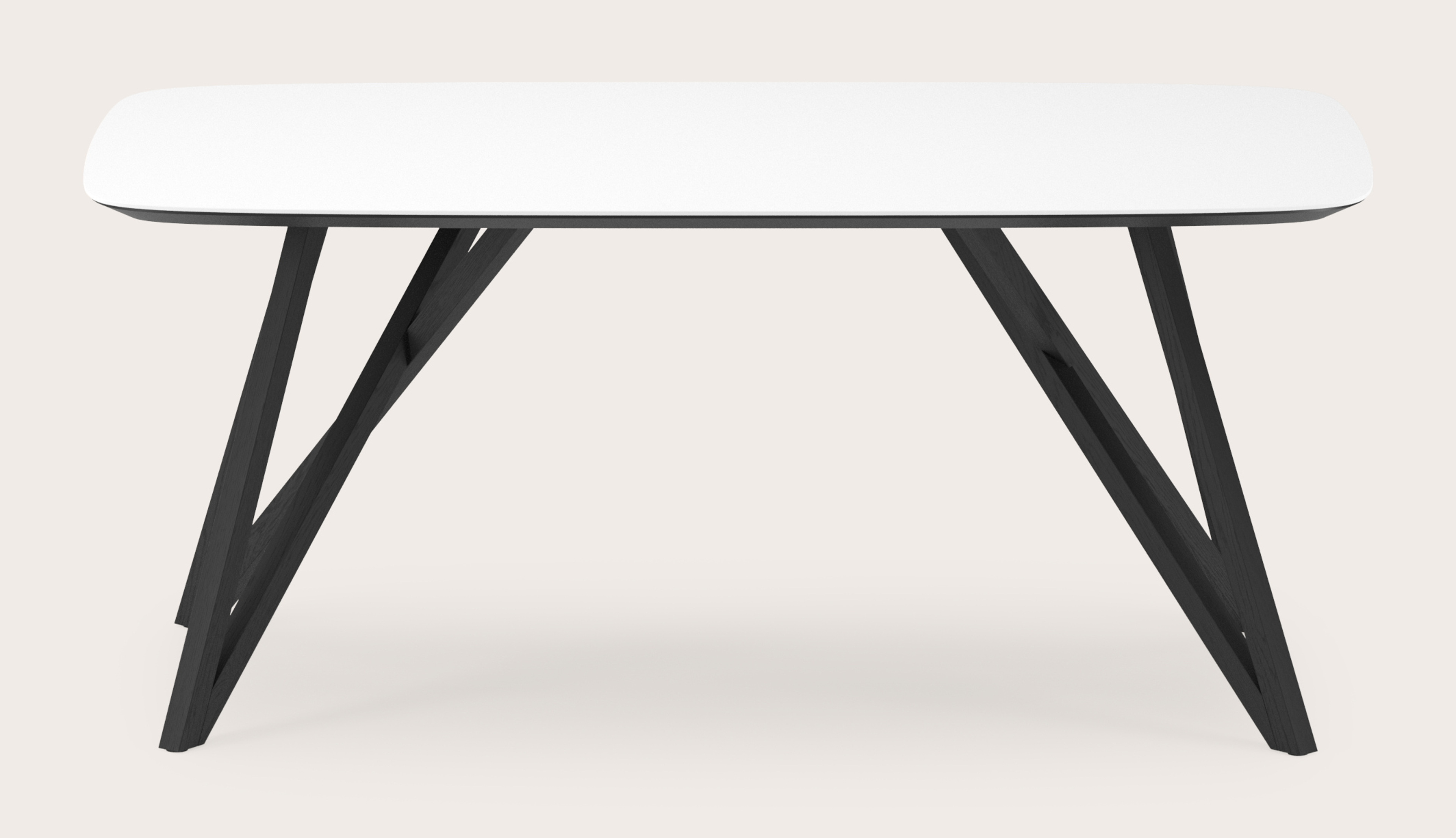 Eettafel Ragno onderstel in zwarte eik met bootvormig volkeramisch Ceramo blad in kleur Arctic White 180 x 100 x 77 cm
