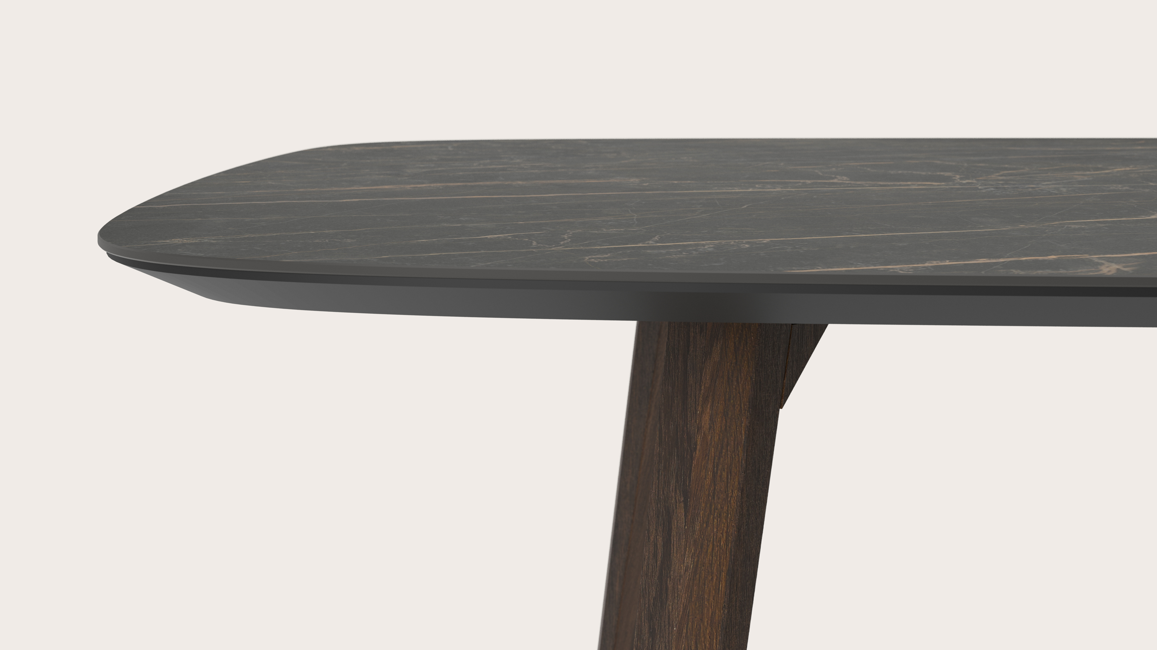 Eettafel Clino onderstel in gerookte eik met bootvormig volkeramisch Ceramo blad in kleur Black Obsession 300 x 115 x 77 cm