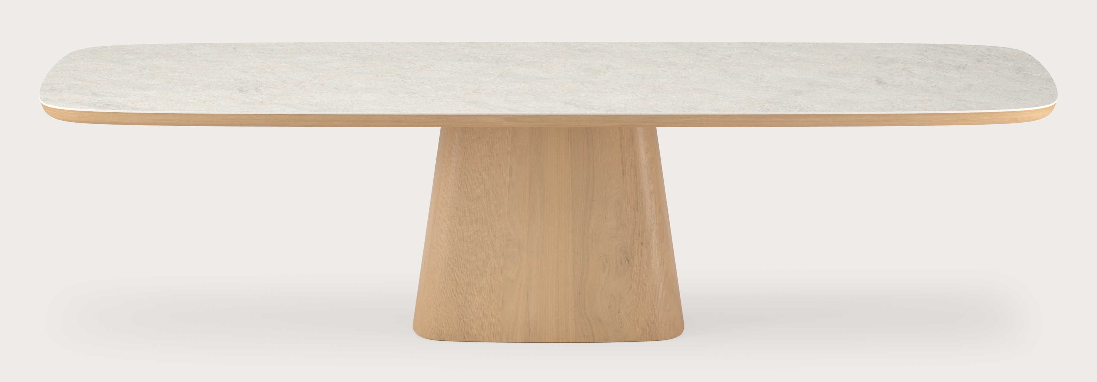 Eettafel Amato Cuadro onderstel in chêne couleur naturelle avec plateau Ceramo forme arrondie en céramique en couleur Shilin 300 x 115 x 77 cm