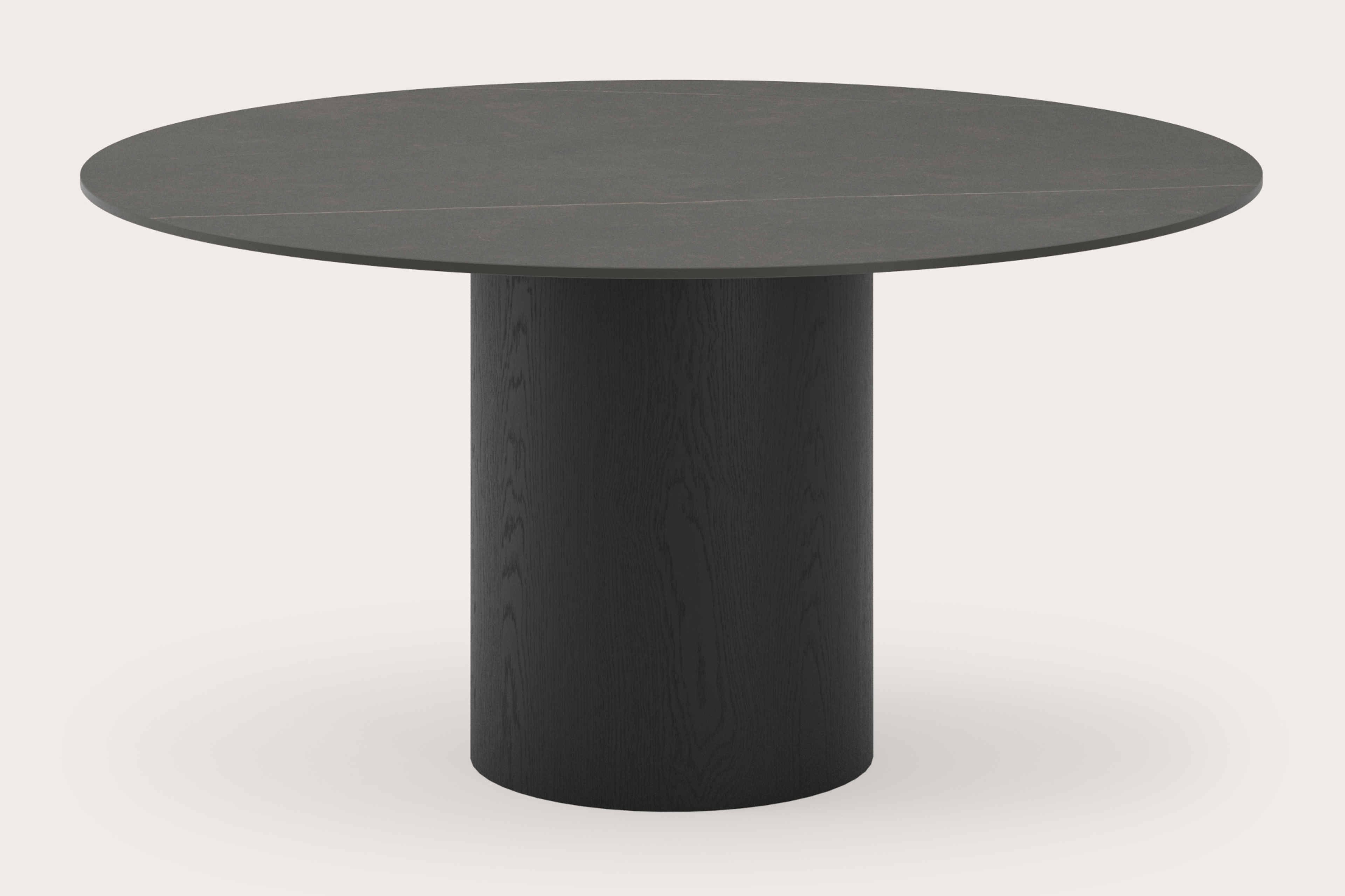 Eettafel low dining Amato Rondo onderstel in zwarte eik met rond volkeramisch Ceramo Lux blad in kleur Calatorao Ø140 x 69 cm