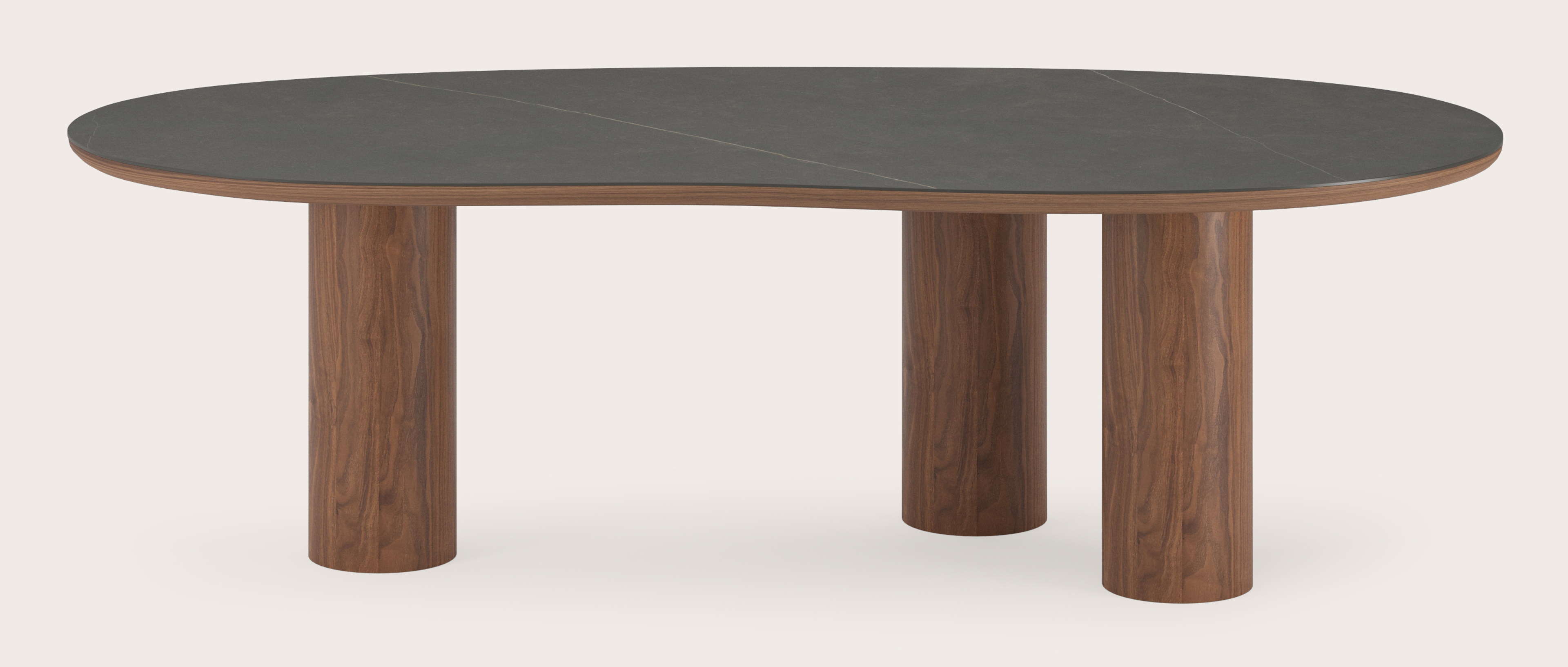 Table de salle à manger Amato Rondo armature en noyer avec plateau Ceramo forme blob en céramique en couleur Calatorao 260 x 117 x 77 cm