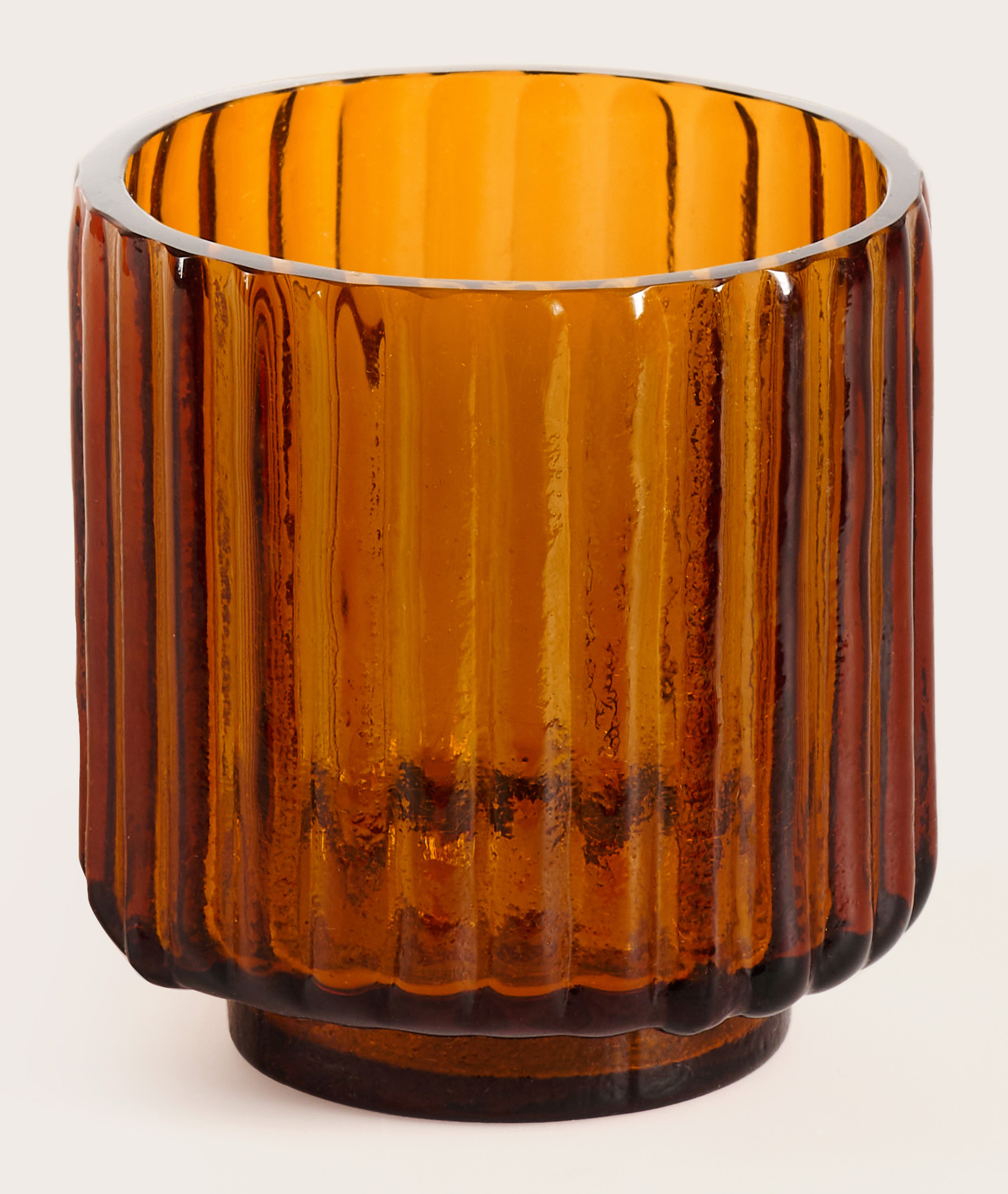 Tribeca theelicht geribbeld glas Brown Ø9xH10cm