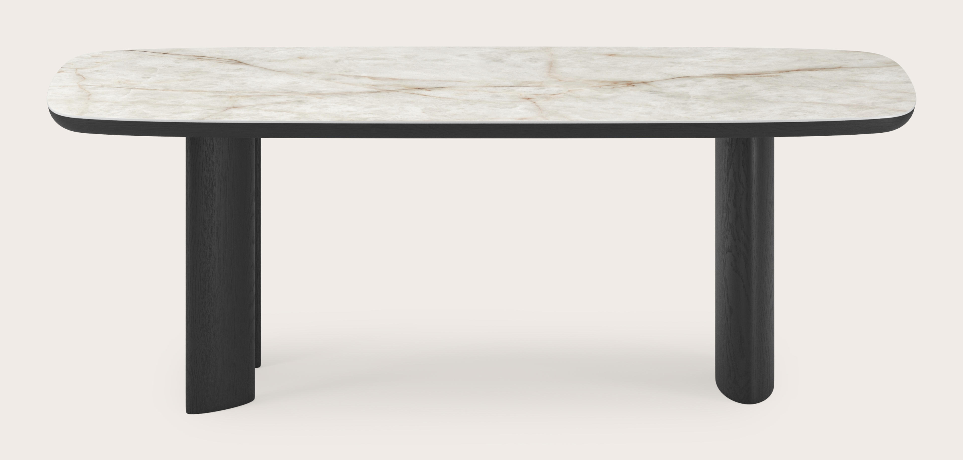 Eettafel Amato Ellipso onderstel in zwarte eik met bootvormig volkeramisch Ceramo blad in kleur Himalaya 220 x 105 x 76 cm