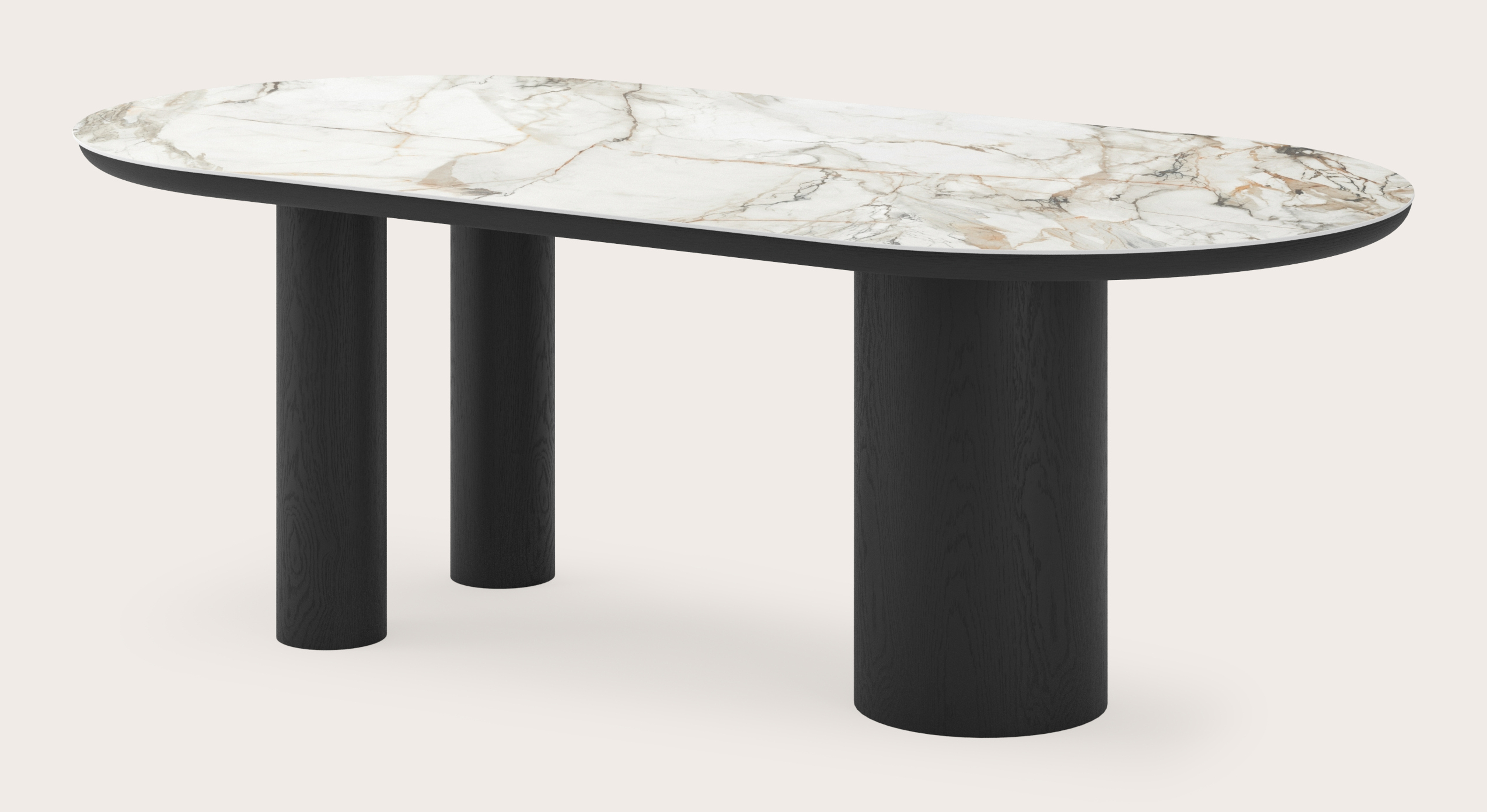 Eettafel Amato Rondo onderstel in zwarte eik met plat ovaal volkeramisch Ceramo blad in kleur Calacatta Luxe 220 x 110 x 76 cm