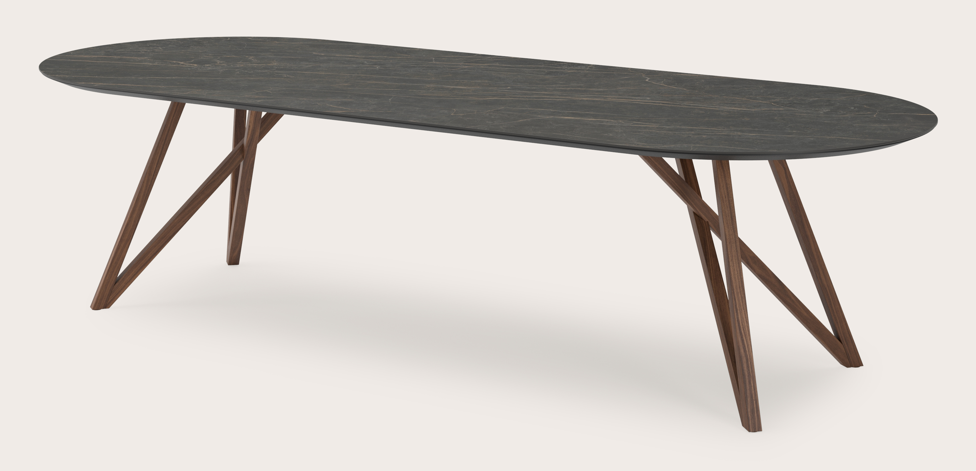 Eettafel Ragno onderstel in walnoot met plat ovaal volkeramisch Ceramo blad in kleur Black Obsession 300 x 120 x 77 cm 