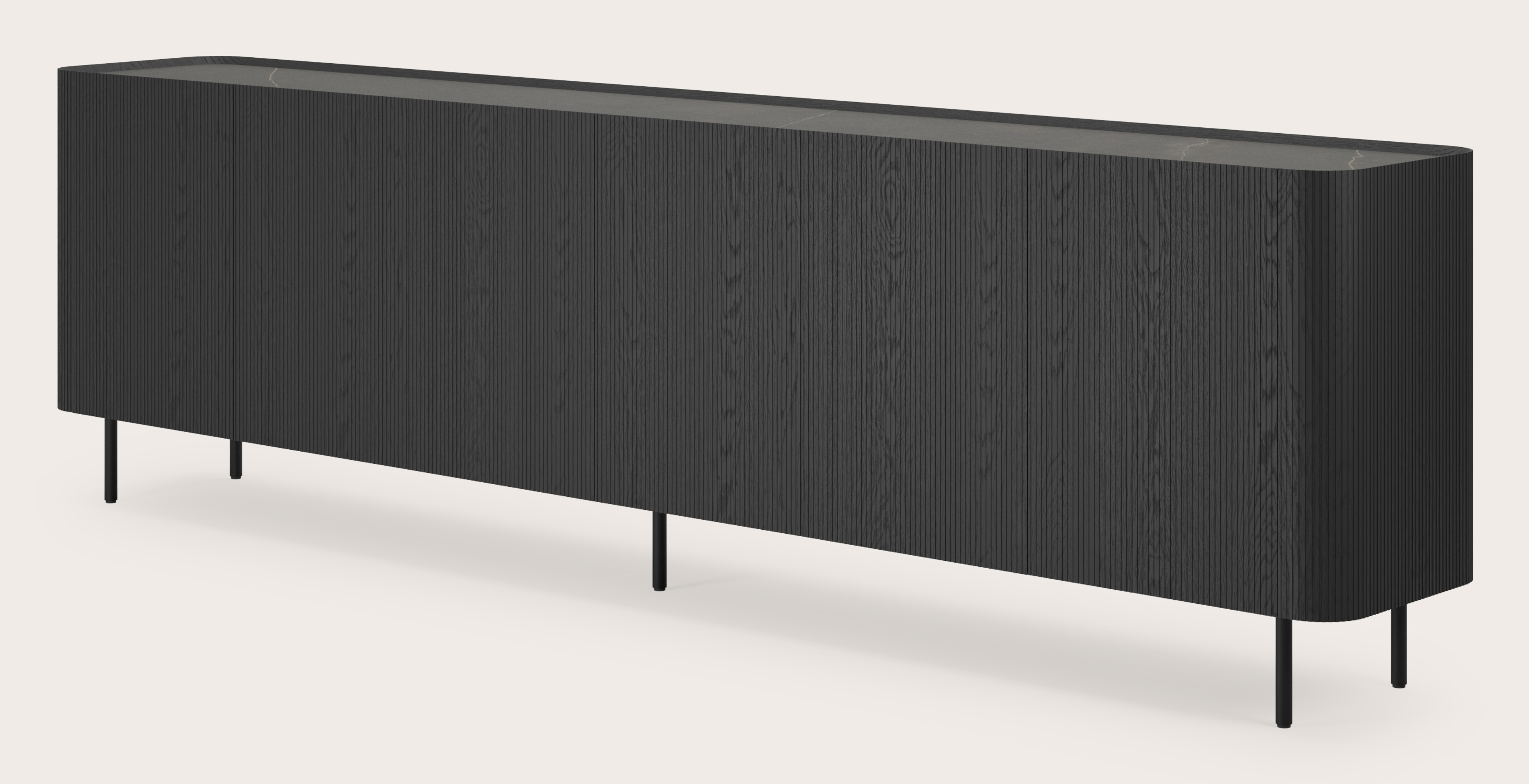 Grivato dressoir in zwarte eik met ronde poten met volkeramisch Ceramo blad in kleur Calatorao 294 x 45 cm